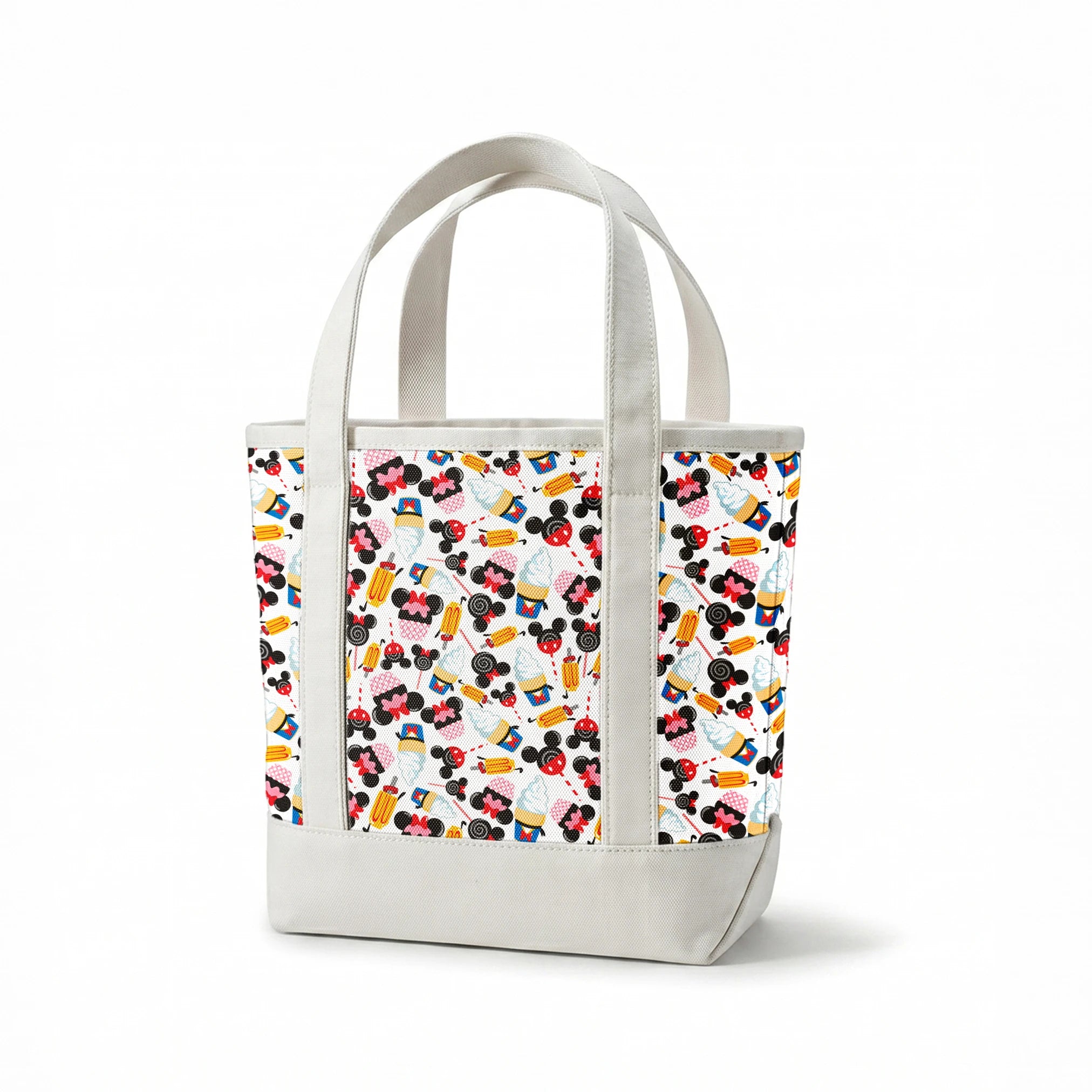 Disney-inspired pattern with ice cream cones and colorful swirled decorative elements on white background springs canvastote mockup