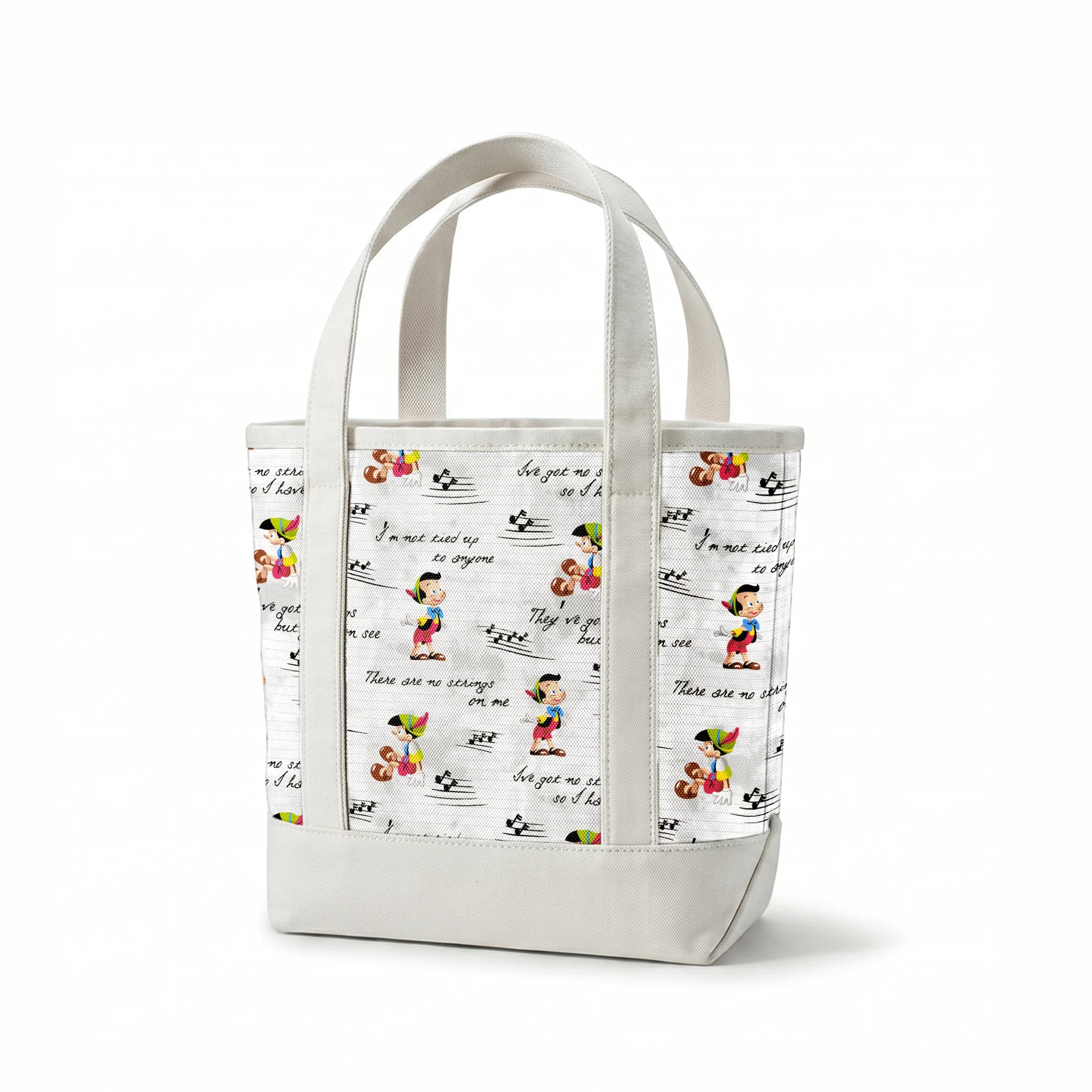 Cartoon characters on a light gray background with musical notes and phrases about strings springs canvastote mockup