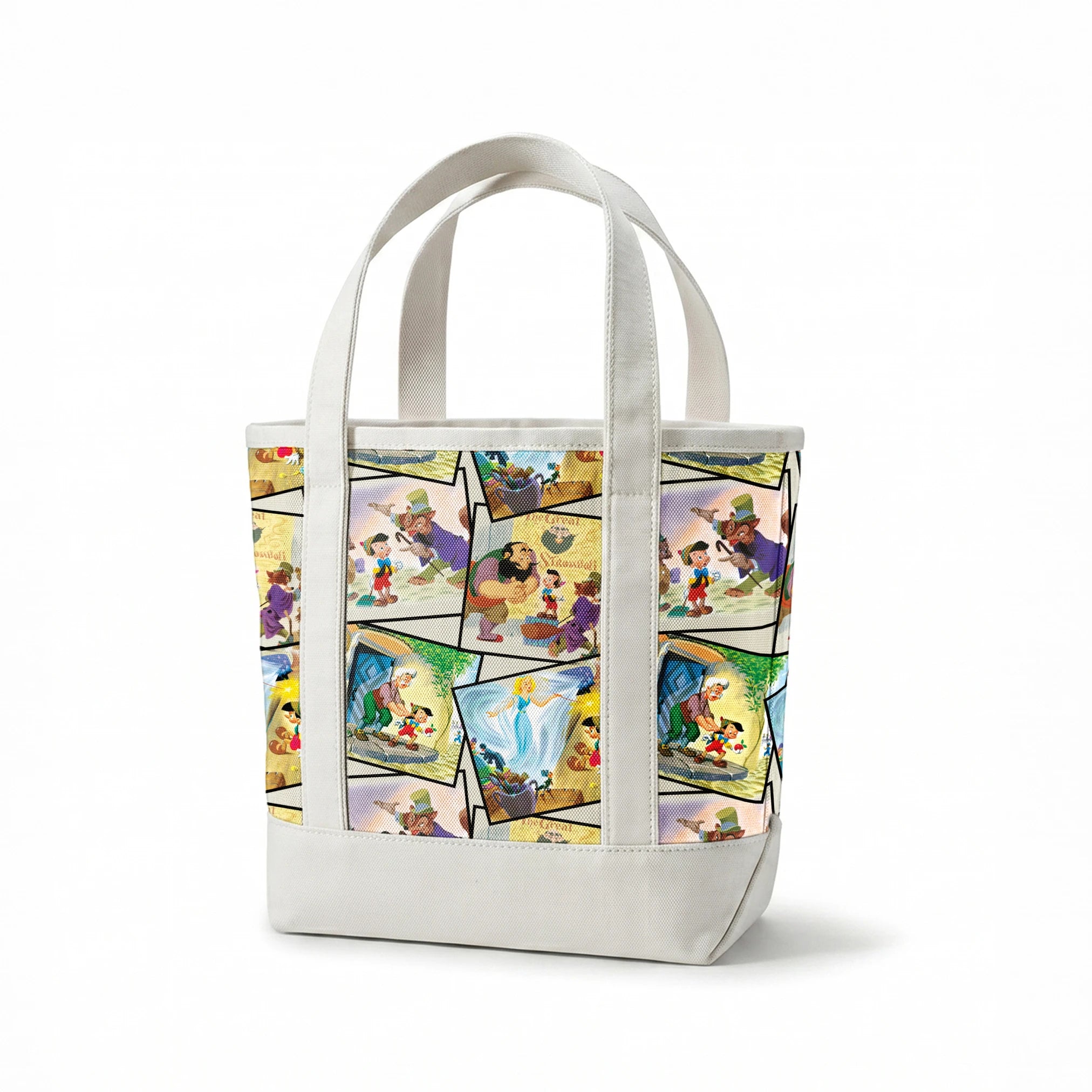 Colorful collage of Pinocchio scenes showing the wooden puppet, Geppetto, and other characters from the classic fairy tale. springs canvastote mockup