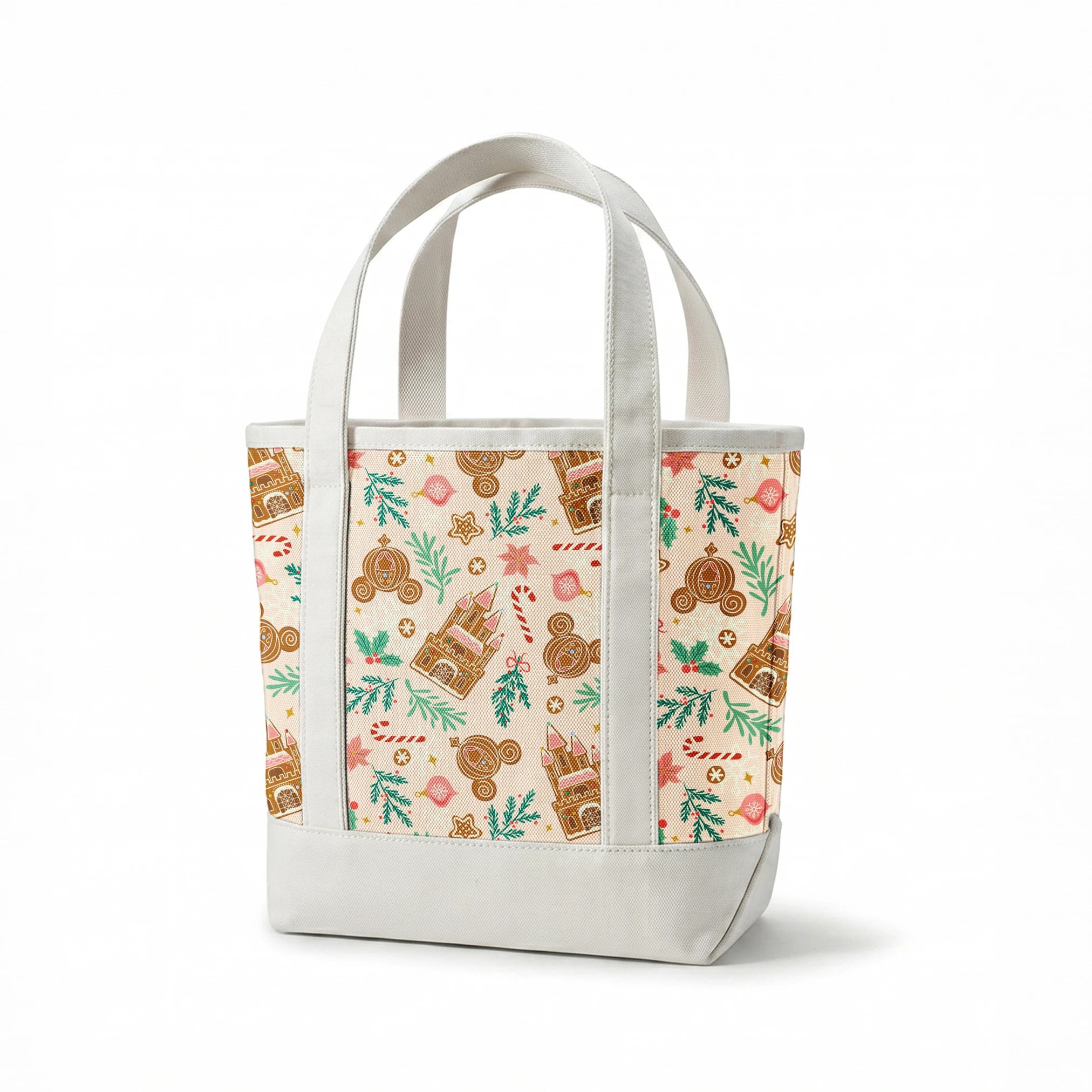 Disney Christmas pattern with gingerbread castles, carriages, candy canes, stars, and pine sprigs in holiday colors springs canvastote mockup