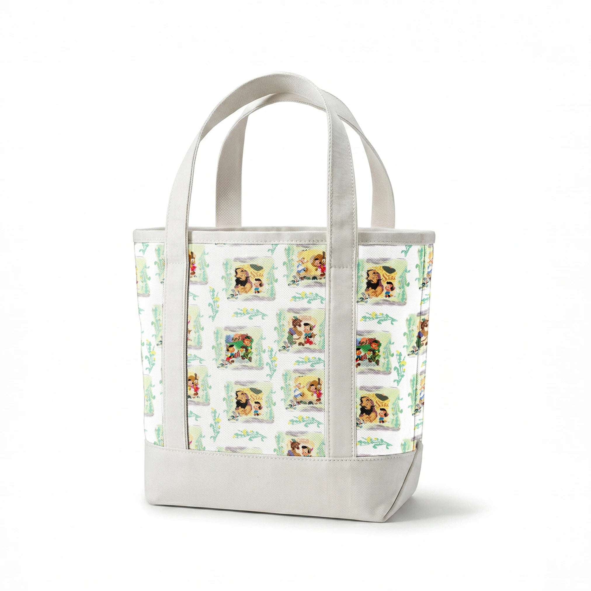 Cartoon pattern featuring Pinocchio characters in framed scenes with decorative greenery on white background springs canvastote mockup