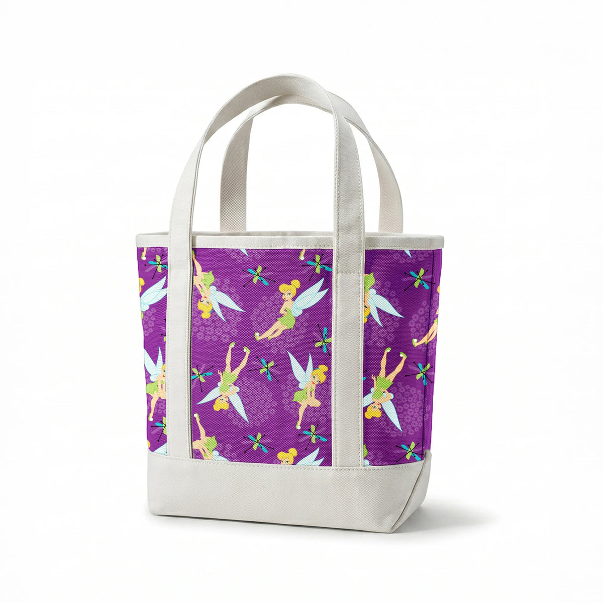 Repeating Tinker Bell pattern in green dresses on purple background springs canvastote mockup