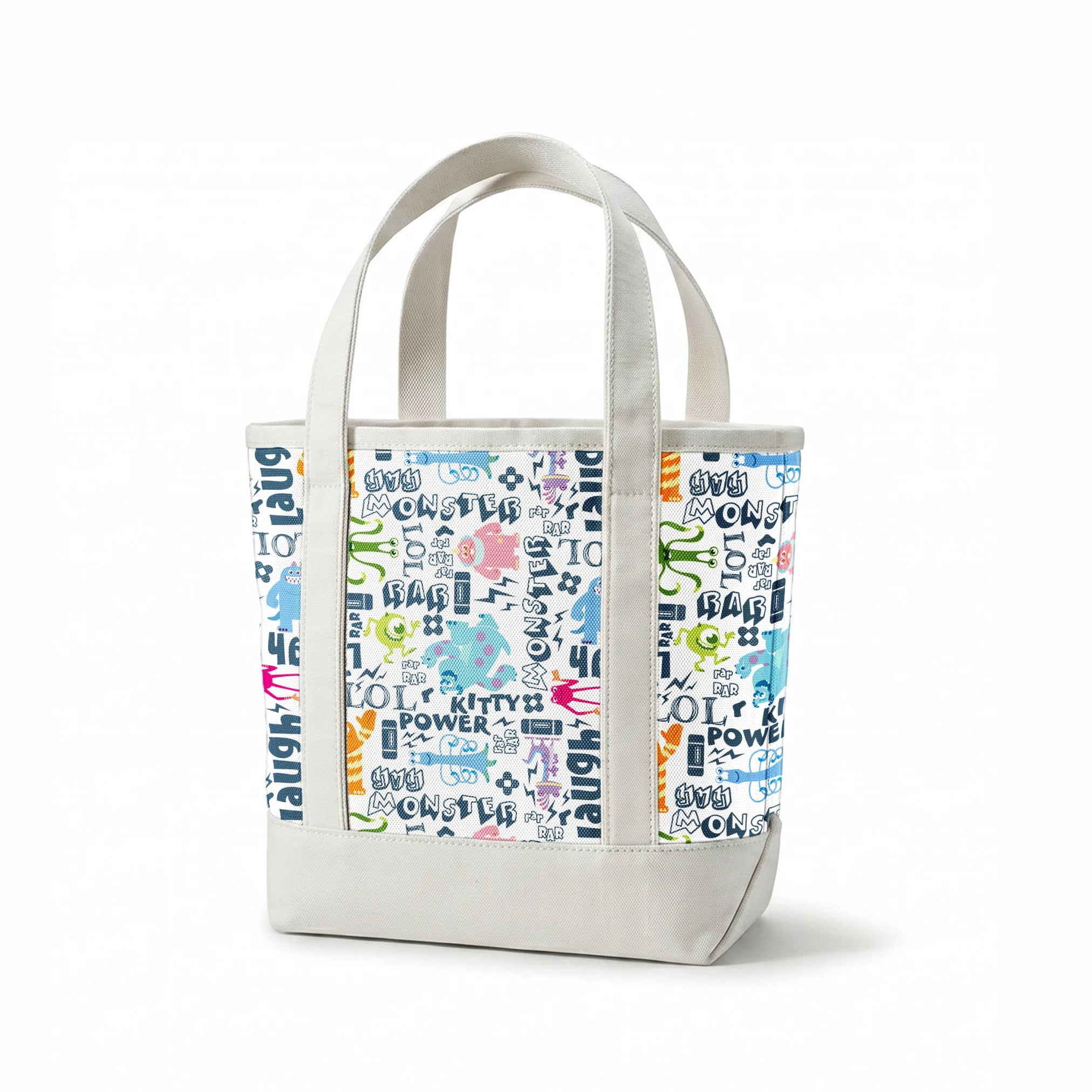 Colorful Monsters Inc doodle pattern with playful characters and text like "Laugh," "Power," and "Monster" in blue and vibrant colors. springs canvastote mockup