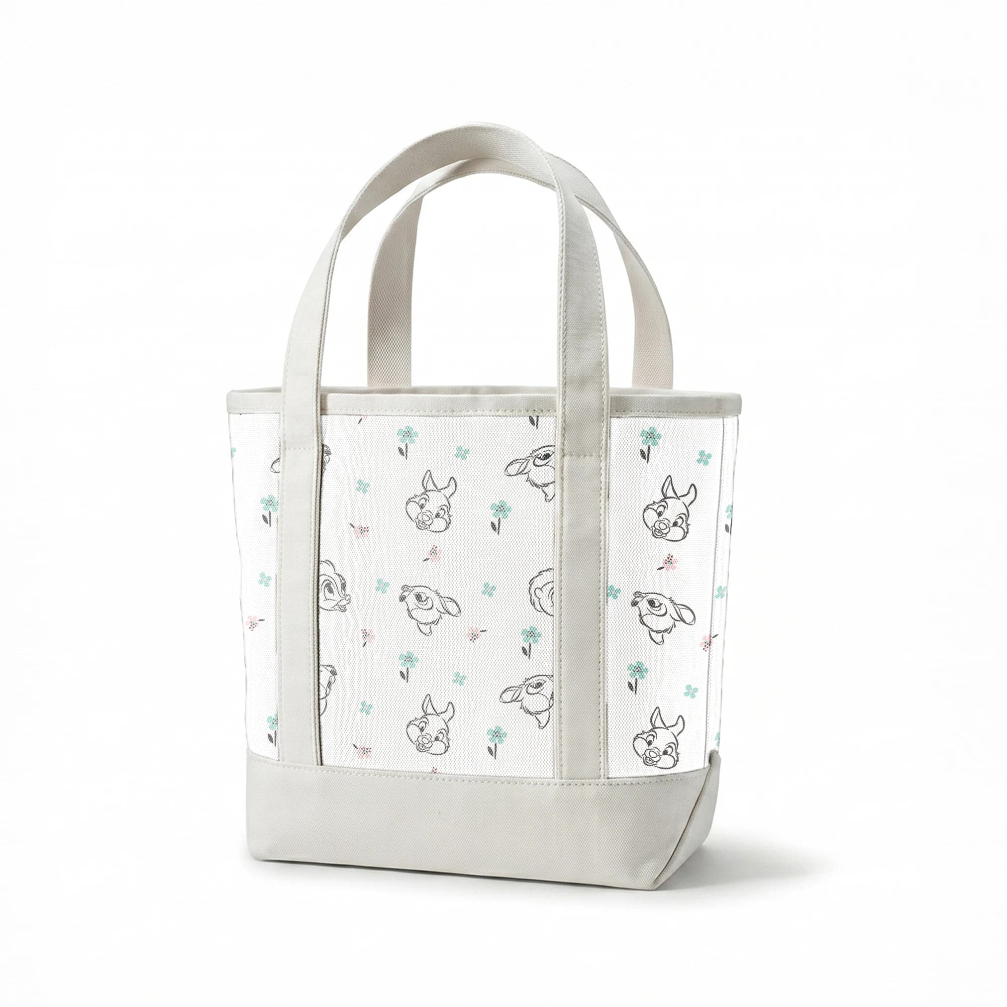 Sketch-style animals from Disney Bambi with pastel flowers on a white background. springs canvastote mockup
