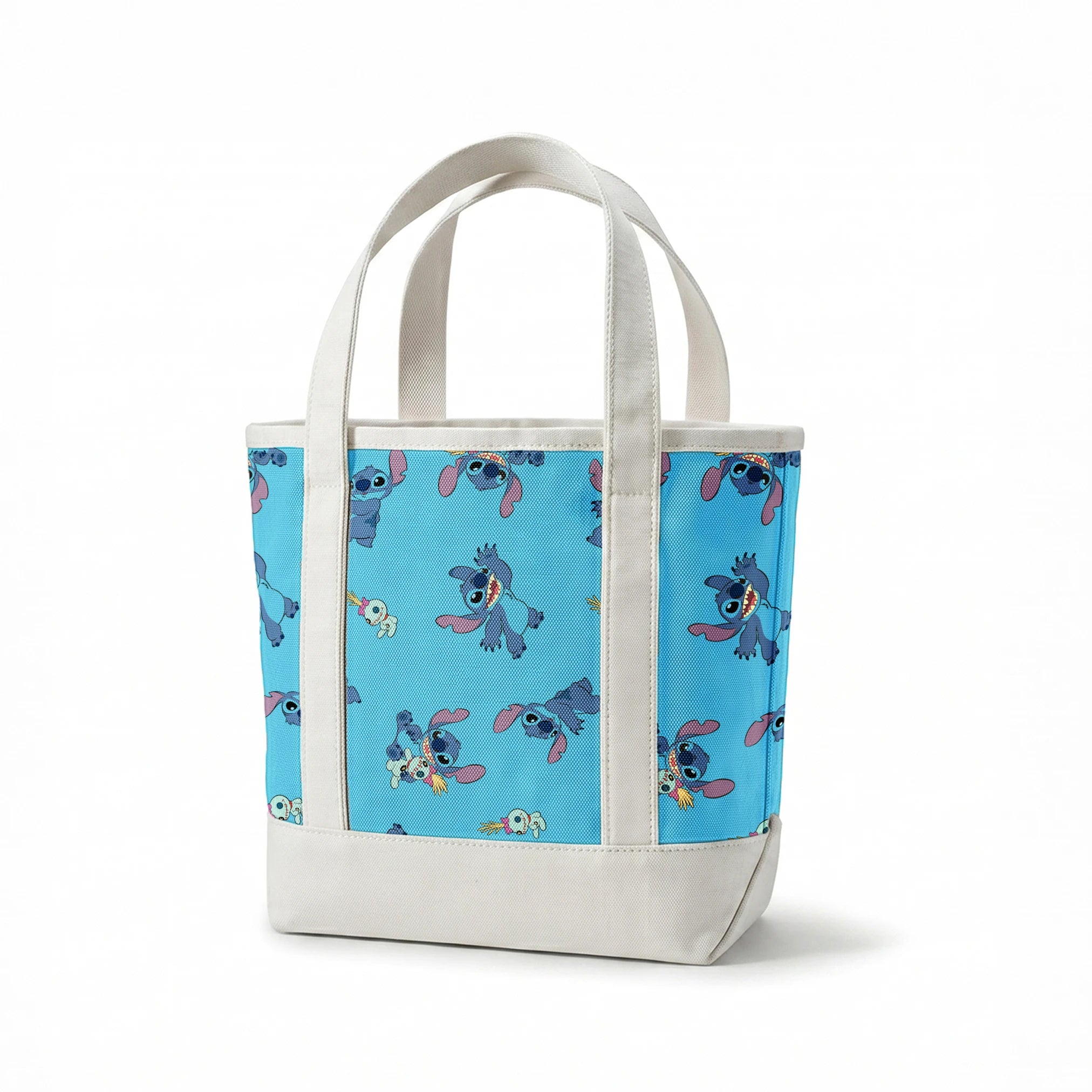 Disney’s Stitch and Scrump in various playful poses scattered across a light blue background with small tropical flowers. springs canvastote mockup