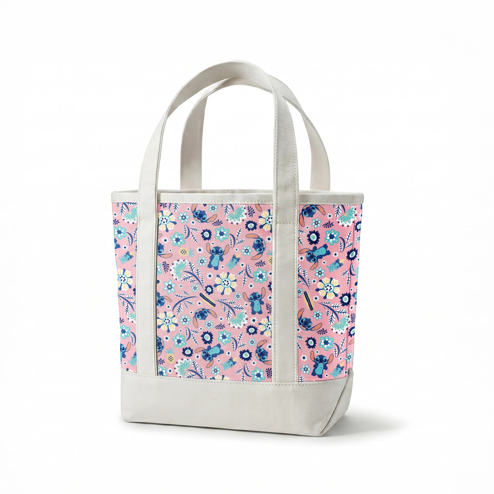 Floral pattern with Disney's Stitch, white daisies, and mint green accents on pink background springs canvastote mockup