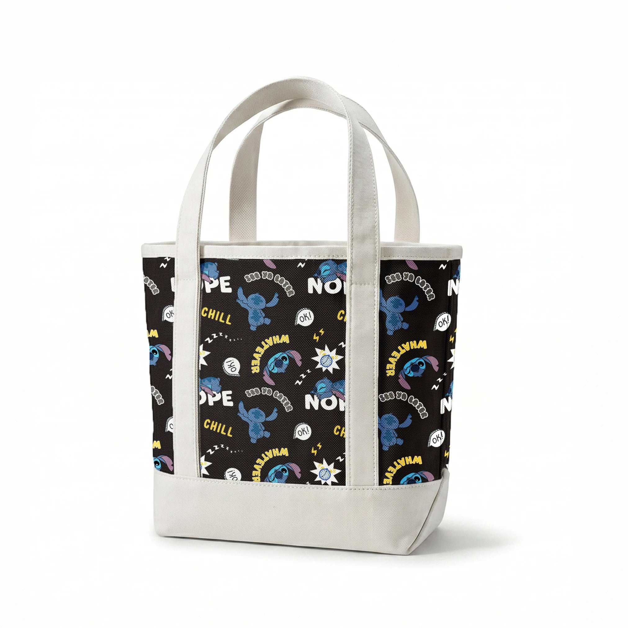 Disney Stitch pattern on black background with text "NOPE," "CHILL," "OK!" and sleep symbols springs canvastote mockup
