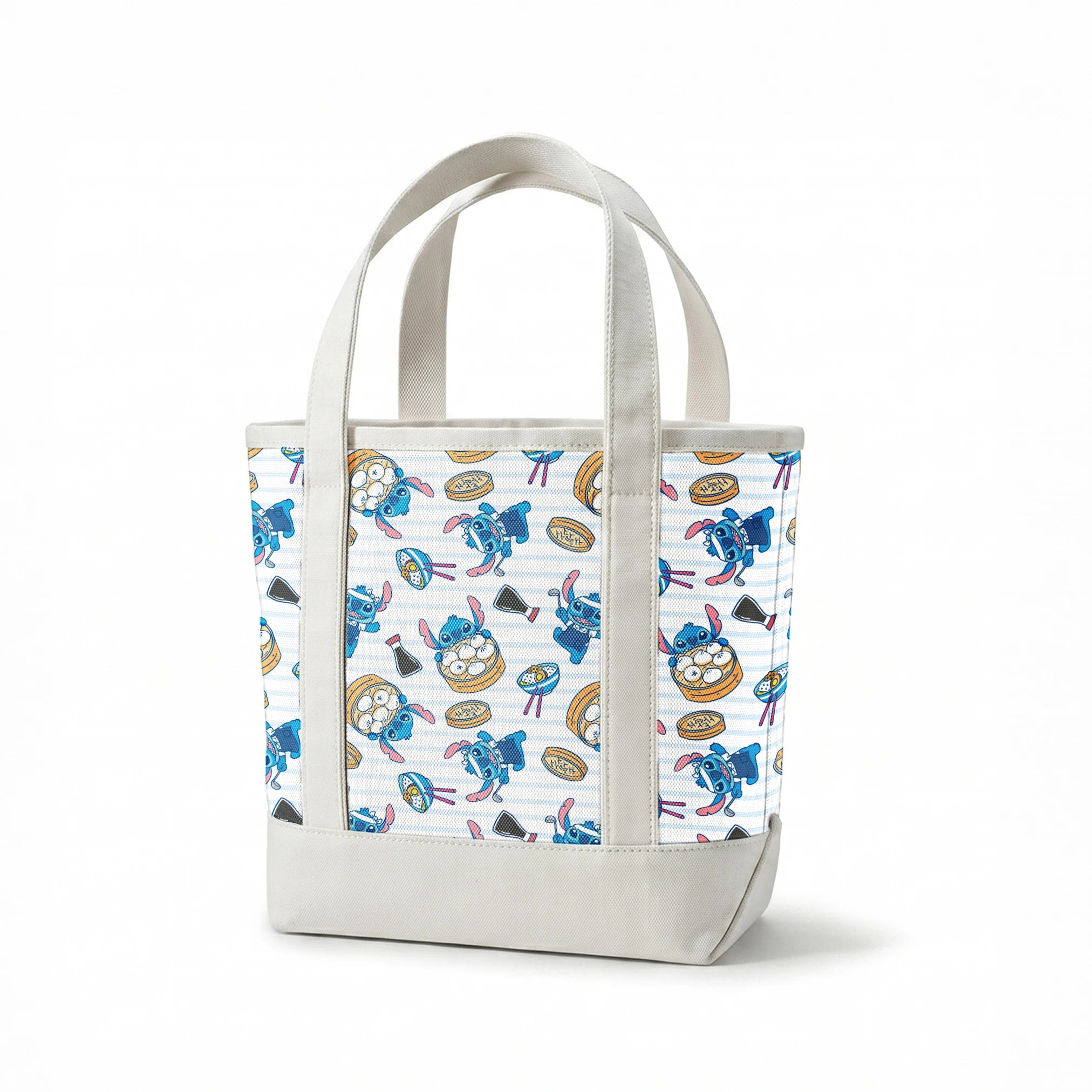 Cartoon Stitch with Chinese dim sum and dumplings on light blue striped background springs canvastote mockup