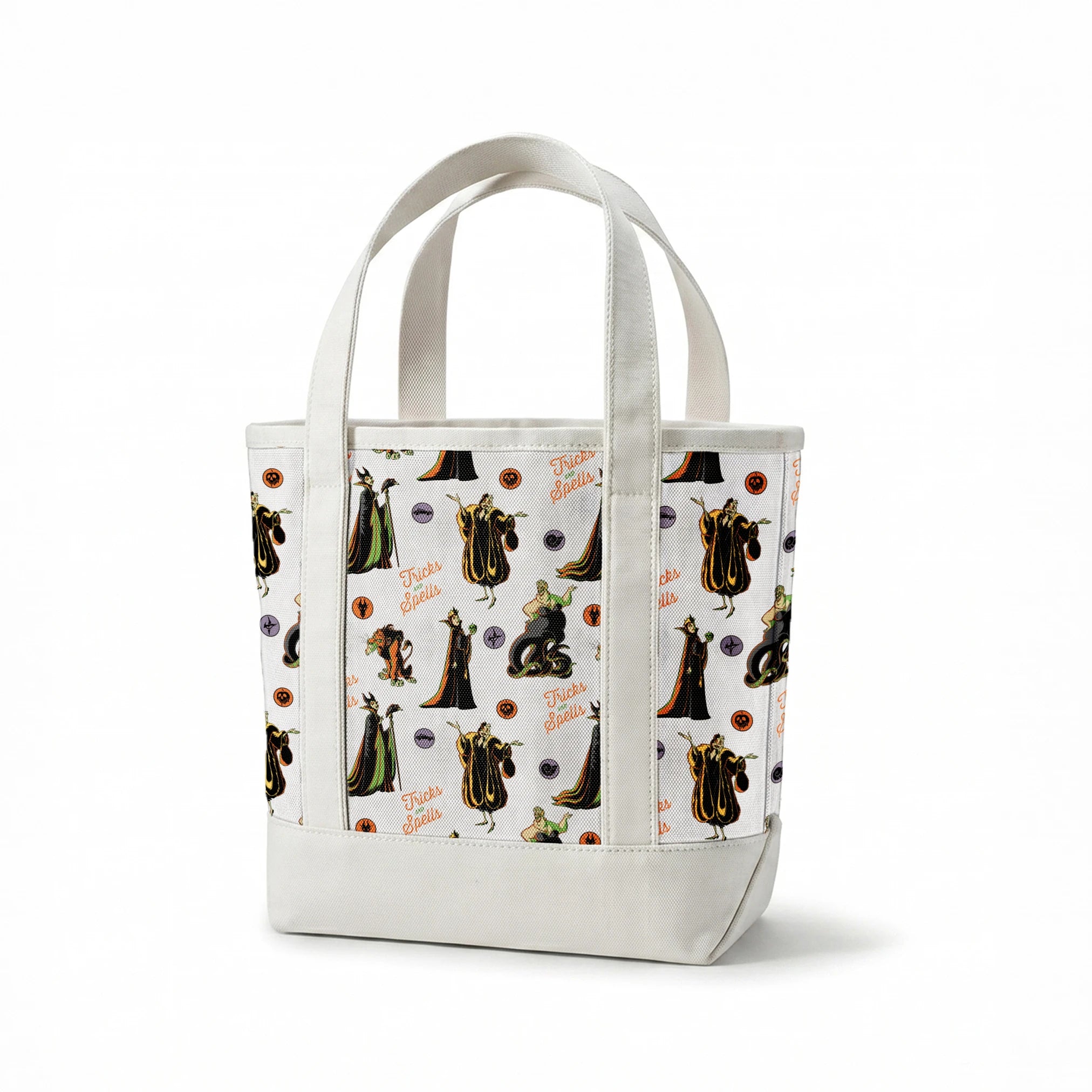 Halloween pattern with Disney villains, spells text, and magical symbols on light background springs canvastote mockup