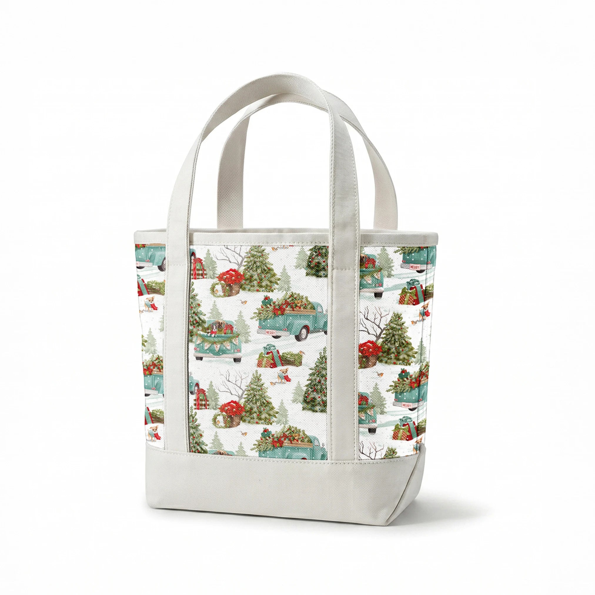 Vintage-style holiday fabric by Nicole Tamarin featuring teal trucks with Christmas trees, dogs, snow, and gifts in a festive winter landscape. springs canvastote mockup