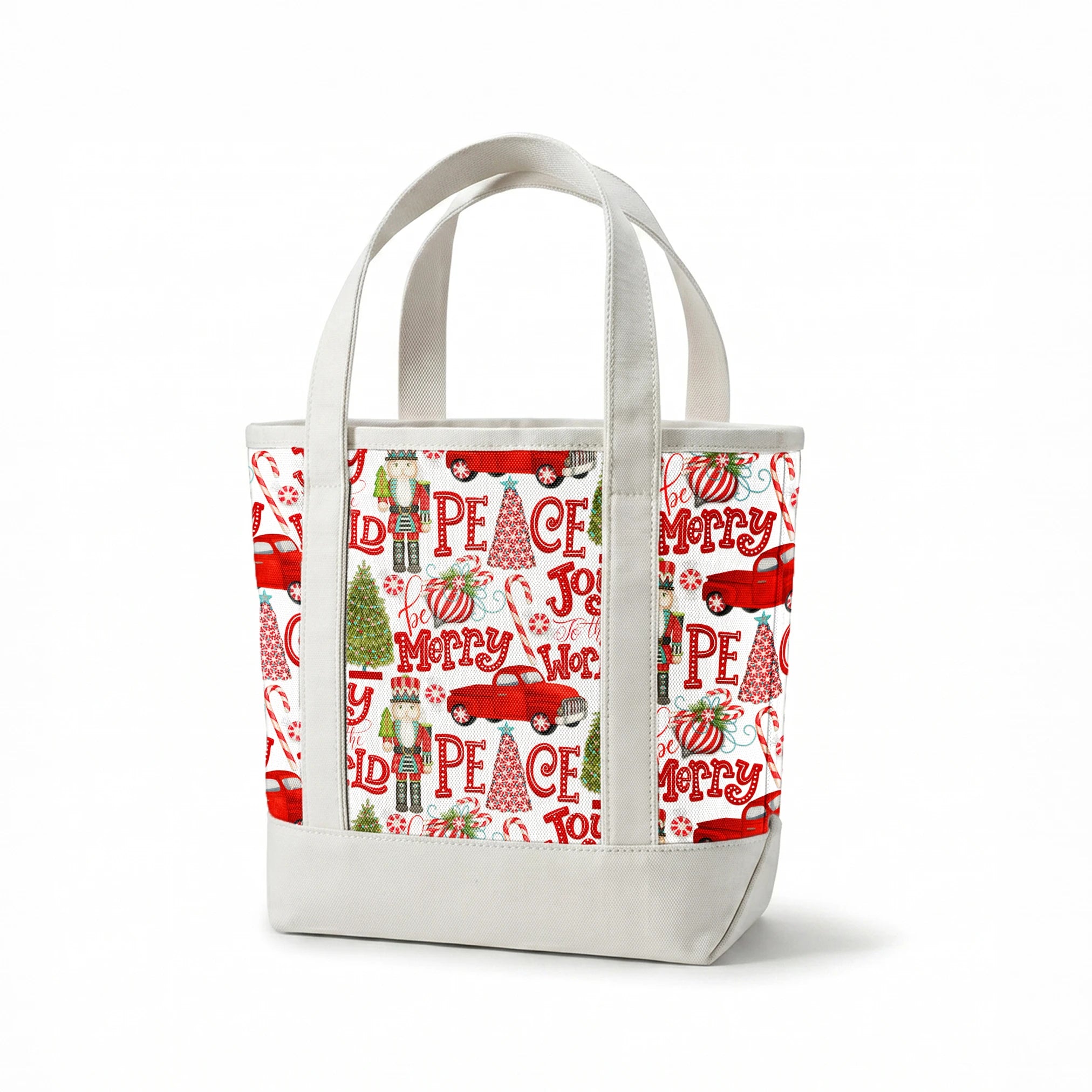 Holiday pattern featuring red trucks, nutcrackers, candy canes, Christmas trees, and festive lettering on a white background by Nicole Tamarin. springs canvastote mockup