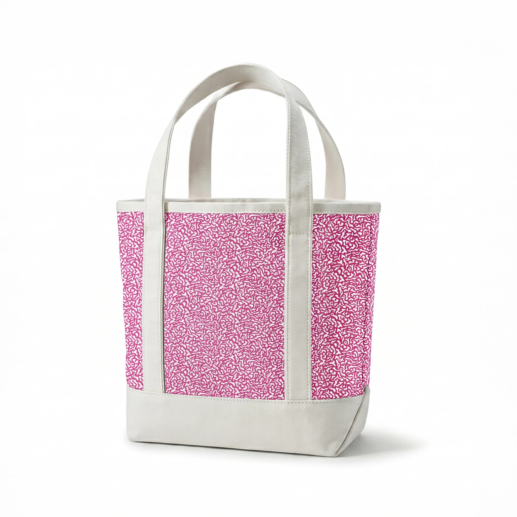 Intricate magenta squiggly pattern on white background resembling organic coral-like shapes springs canvastote mockup