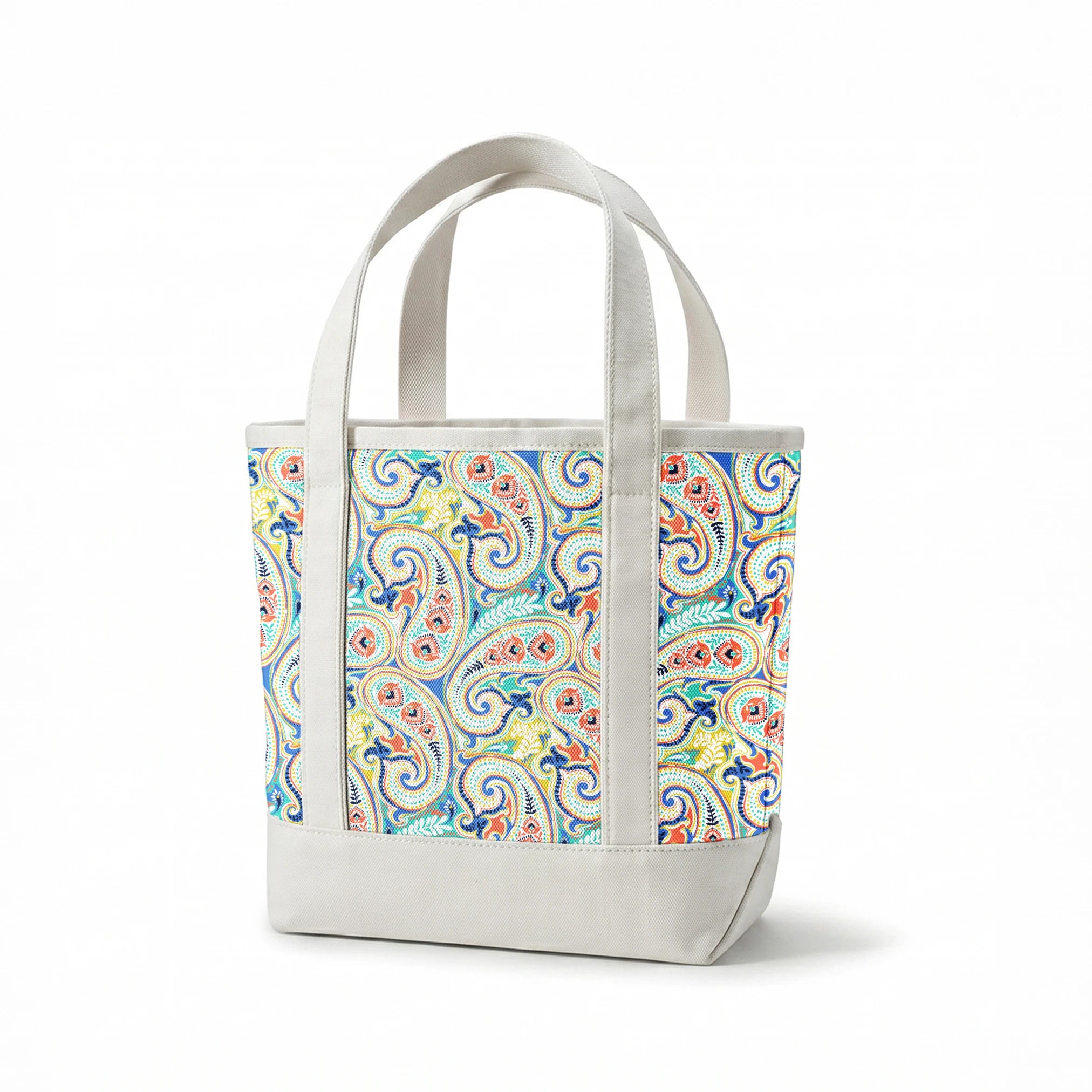 Vibrant blue, yellow and red paisley pattern with swirling decorative motifs and curved shapes springs canvastote mockup