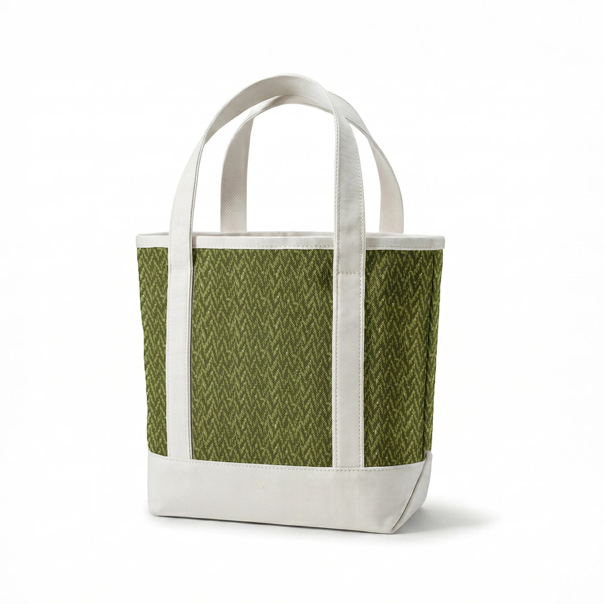 Military camouflage pattern in various shades of olive green with irregular vertical stripes springs canvastote mockup