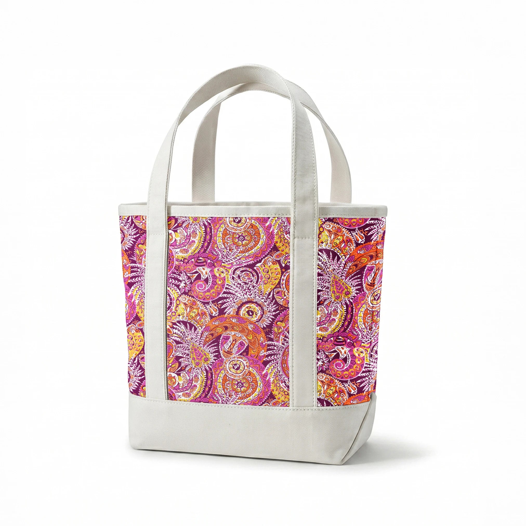 Vibrant paisley pattern with swirling shapes in purple, orange, pink, and yellow tones springs canvastote mockup