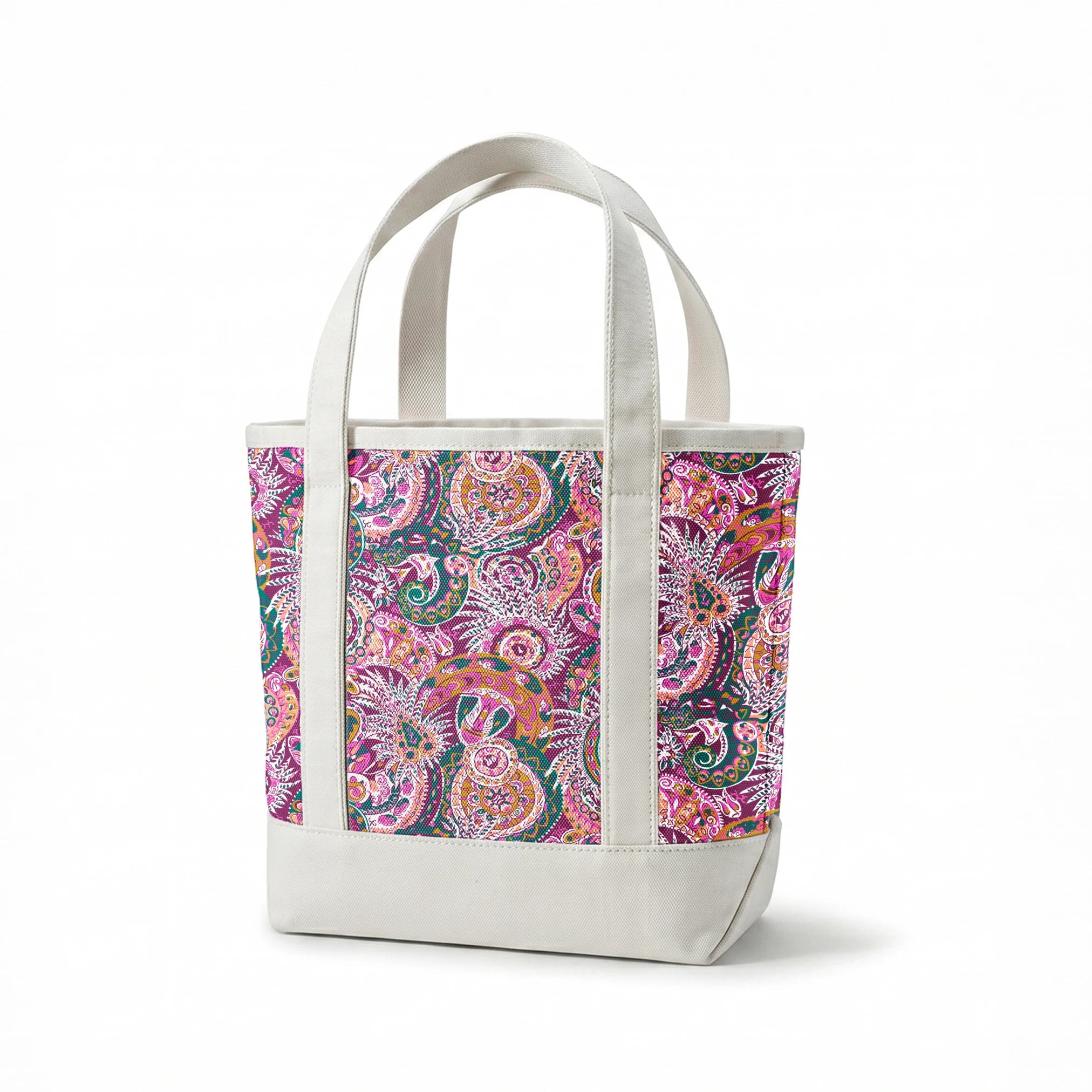 Colorful paisley pattern with intricate swirls in purple, pink, orange, and teal tones springs canvastote mockup