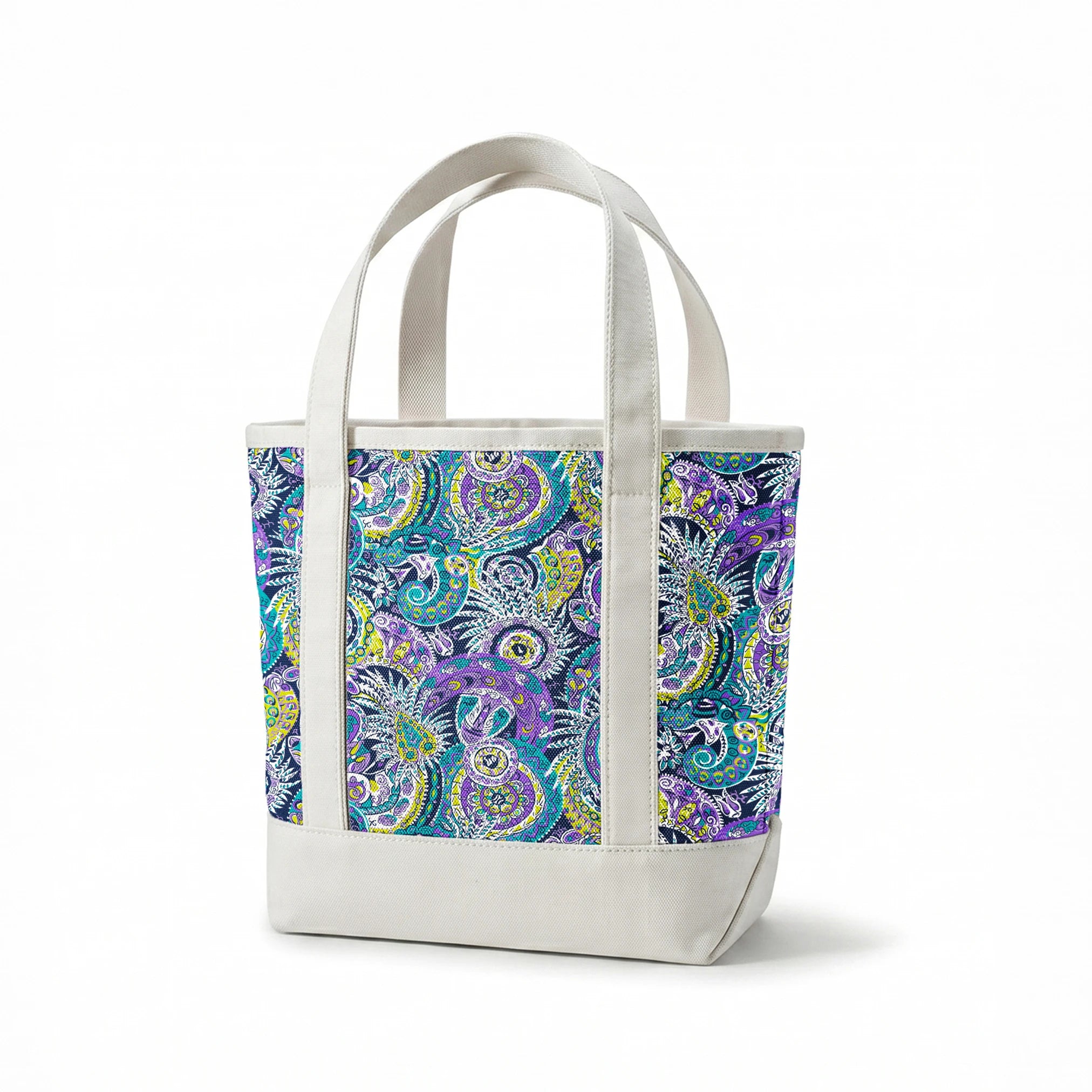 Vibrant paisley pattern with swirling designs in purple, blue, yellow, and white springs canvastote mockup