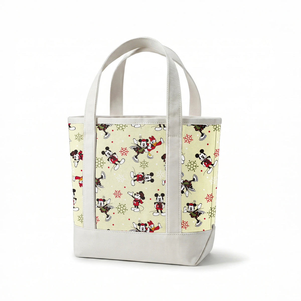 Holiday-themed cartoon mouse pattern with classic characters in red outfits on beige background with snowflakes. springs canvastote mockup