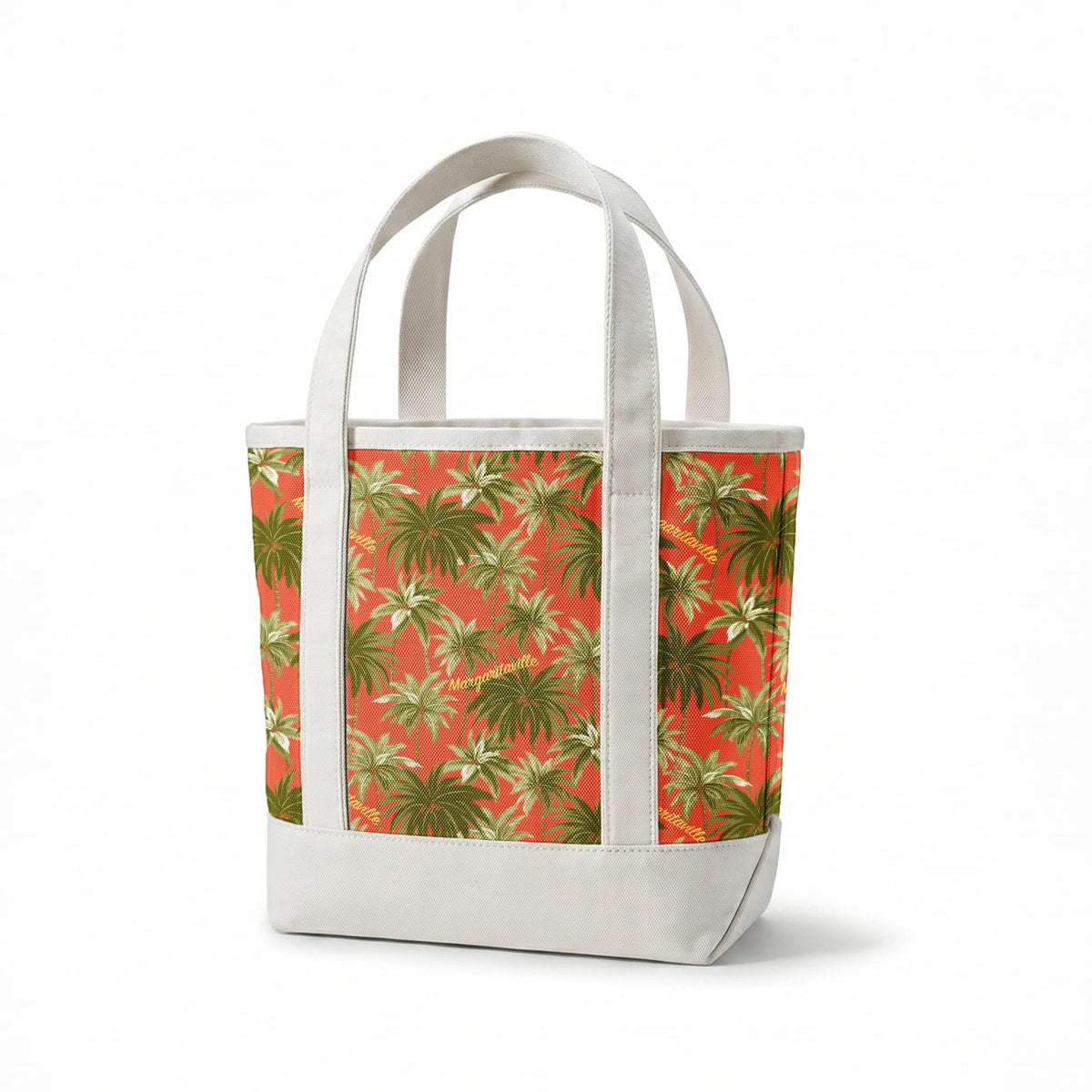 Tropical palm tree pattern on coral background with "Margaritaville" text in gold lettering