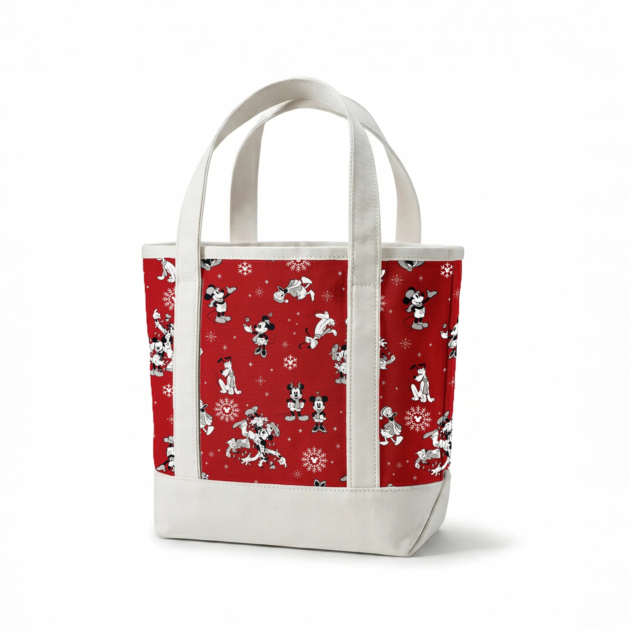 Christmas pattern with Disney characters and snowflakes on red background springs canvastote mockup