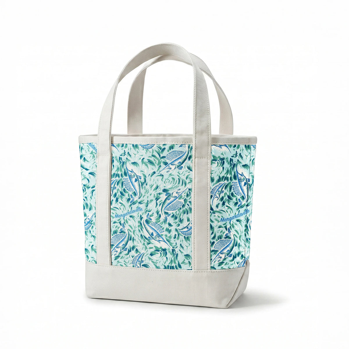 Abstract Margaritaville marbled pattern in teal, blue and white with swirling floral motifs and delicate wave-like designs