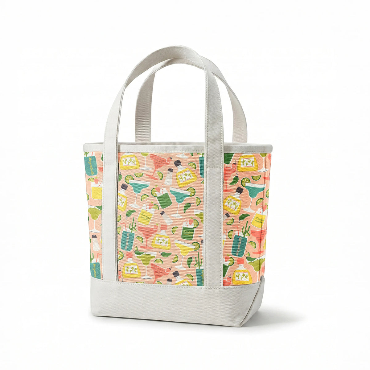 Colorful Margaritaville cocktail pattern with margaritas, tequila bottles, lime slices, and salt shakers on pink background