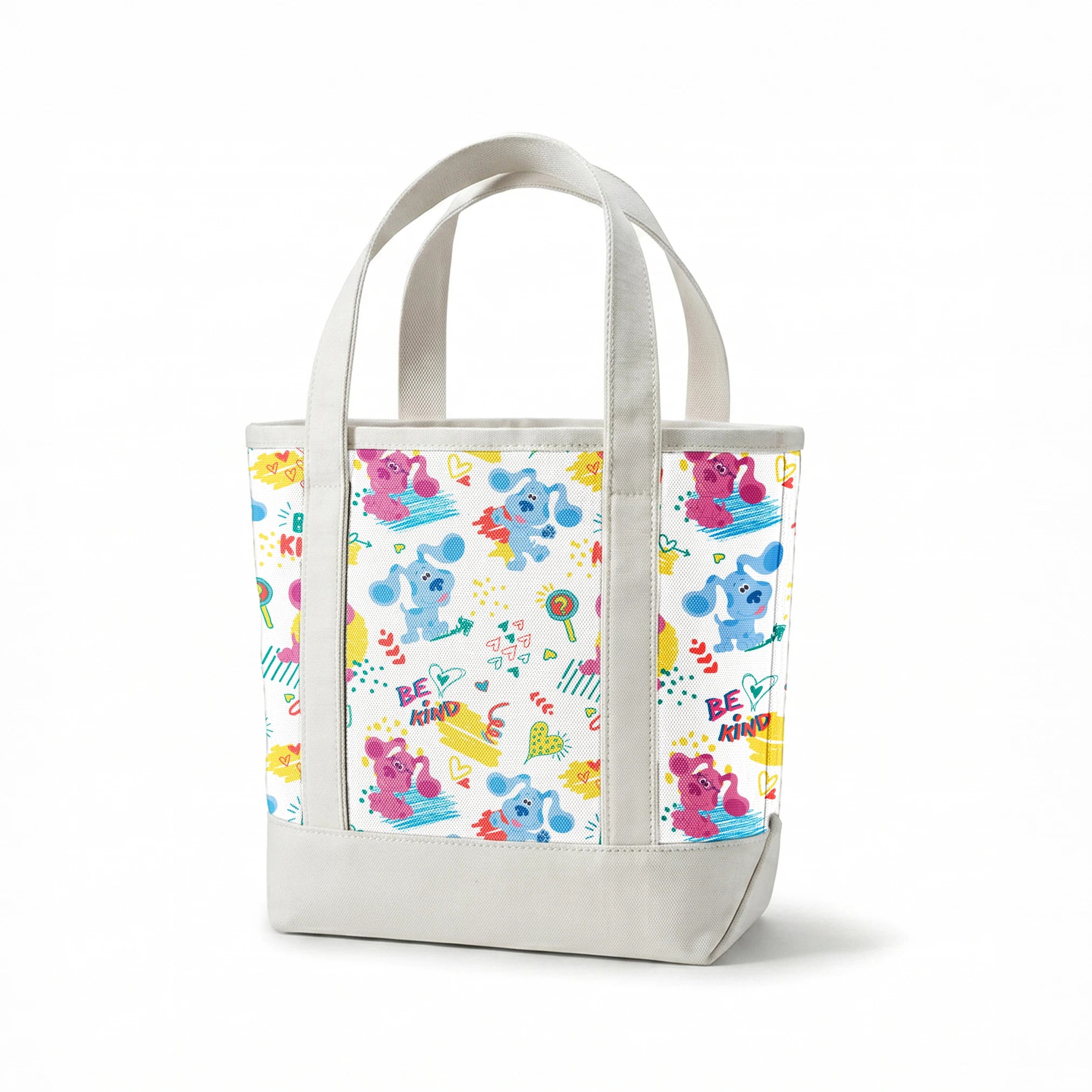 Colorful cartoon pattern with blue koalas and purple mice, hearts, and "BE KIND" text on white background springs canvastote mockup