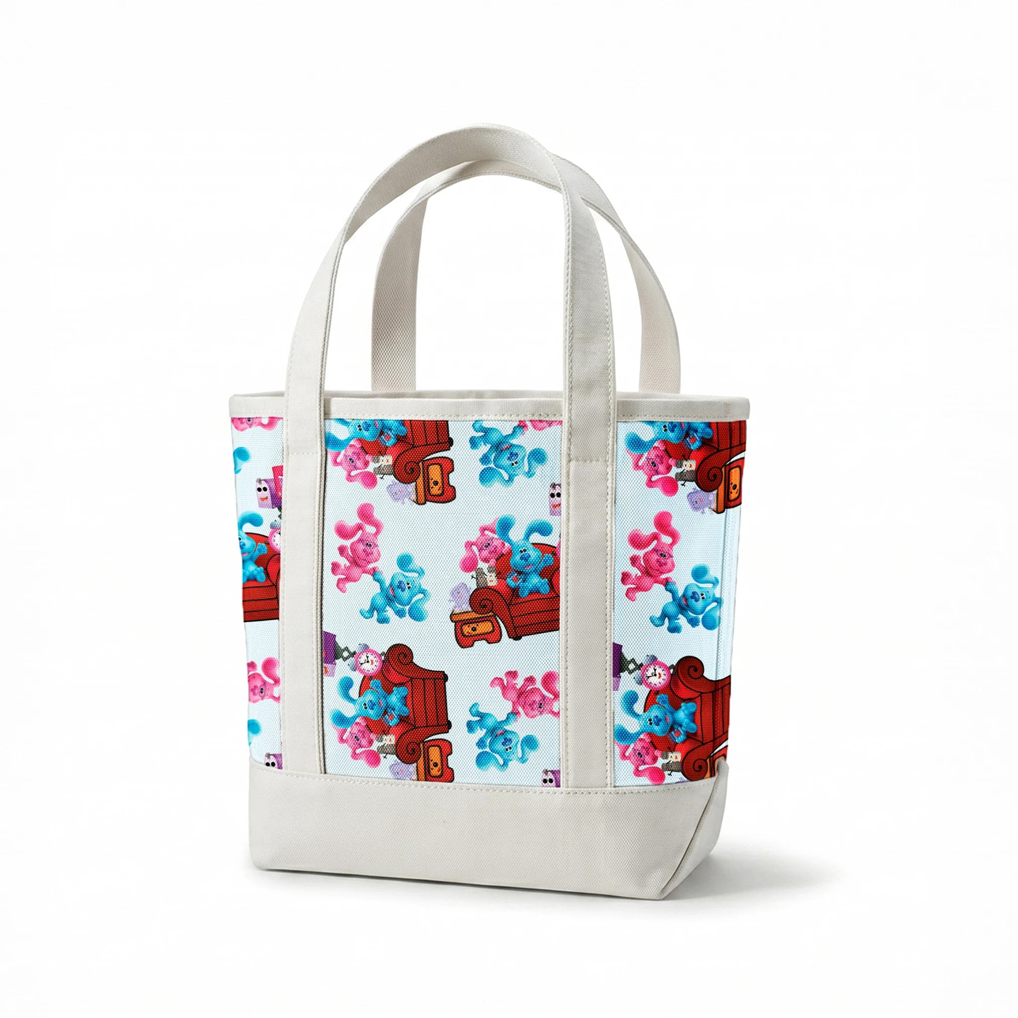 Colorful pattern featuring cartoon blue and pink puppy characters with armchairs, mailboxes, and clocks springs canvastote mockup