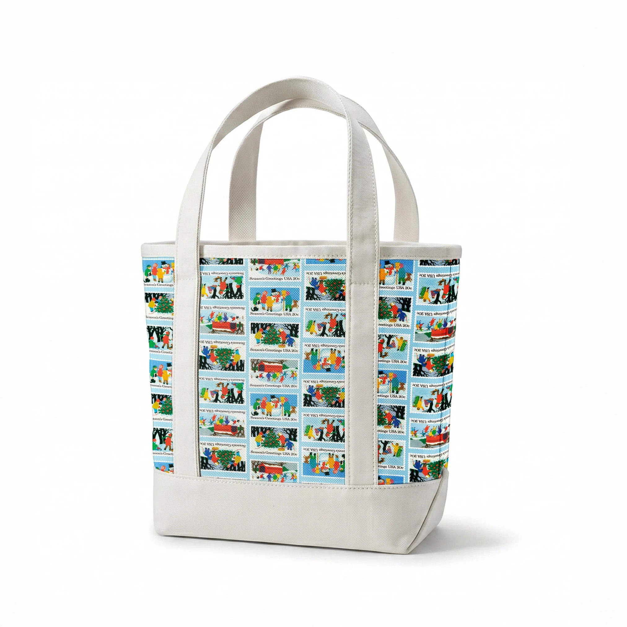 USPS Scenic Season's Greetings Stamps on Blue Fabric