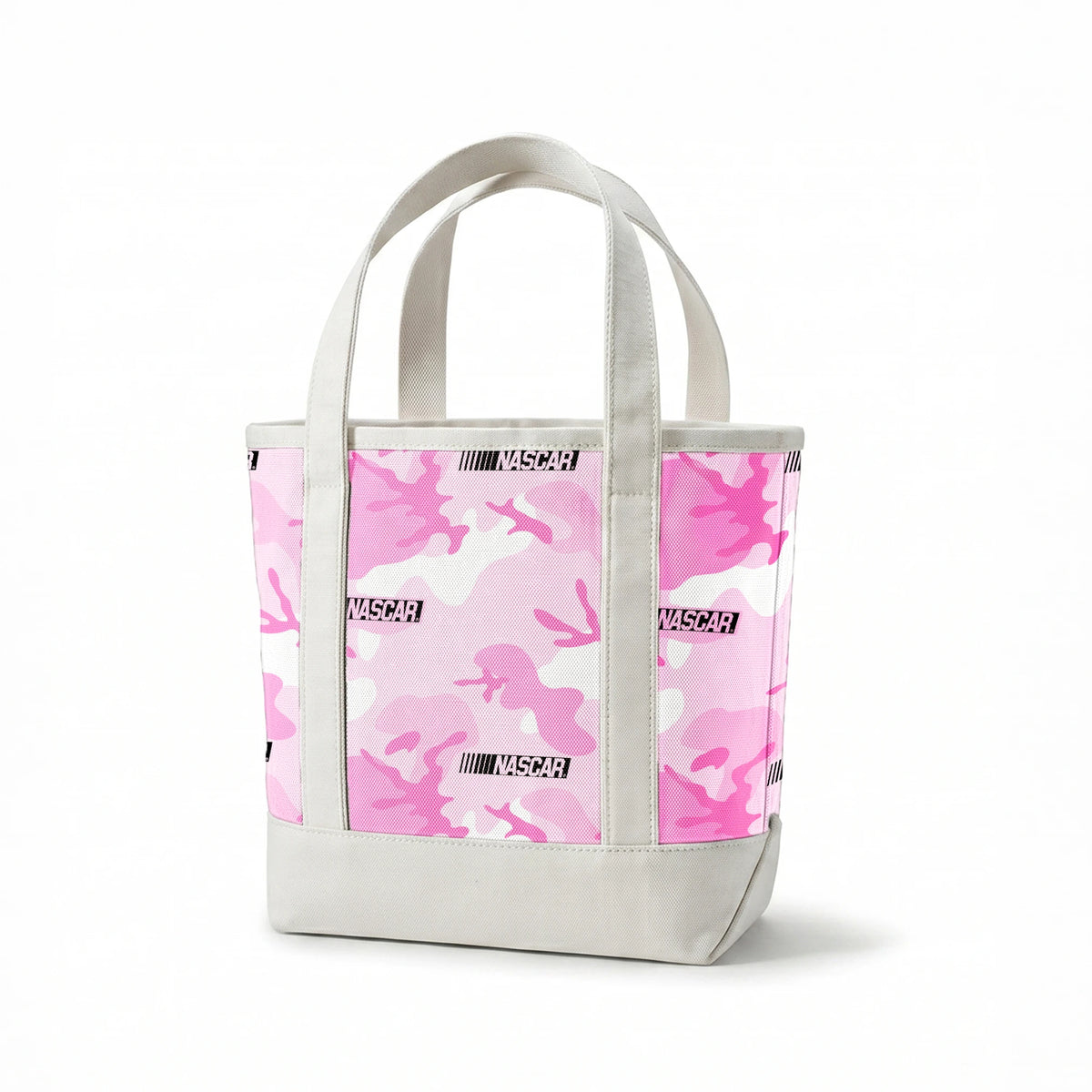 NASCAR® Retro Logo and Camo Toss on Pink Fabric