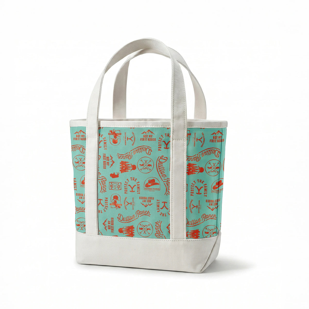 Paramount Yellowstone Dutton Ranch Icons on Aqua Fabric