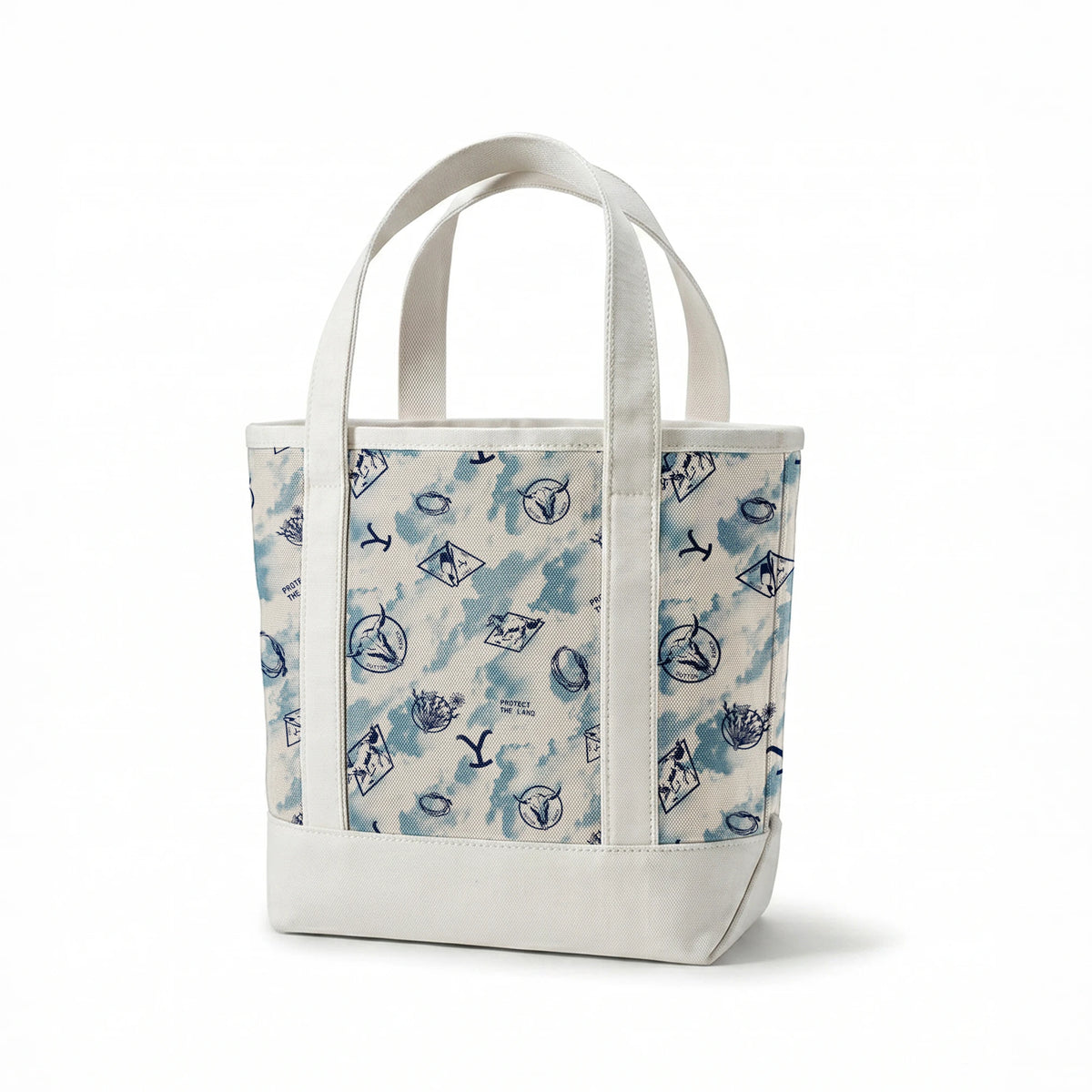 Paramount Yellowstone Icons in the Clouds on Blue Fabric