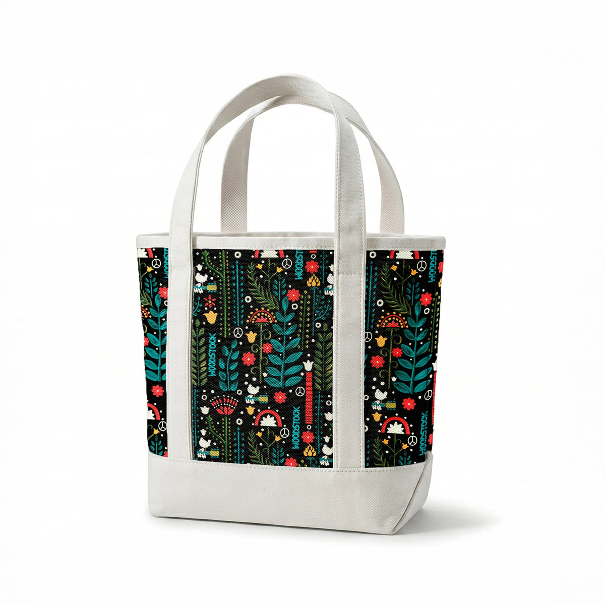 Woodstock Retro Greenery on Black Fabric