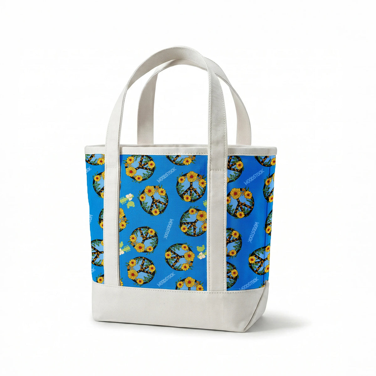 Woodstock Floral Peace Signs on Blue Fabric
