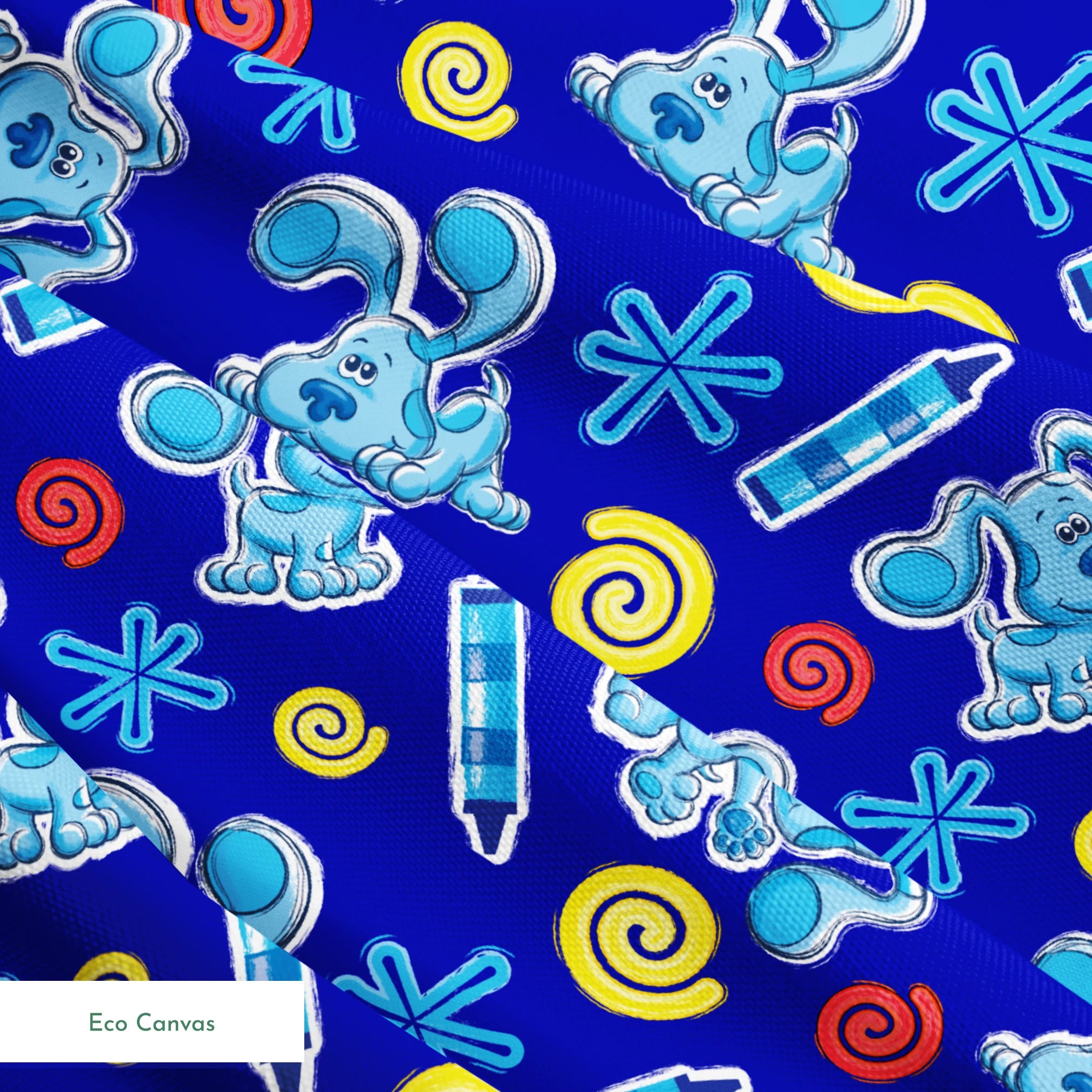 Blue background pattern with cartoon dog characters, snowflakes, spiral shapes, and thermometers in light blue, yellow, and red colors springs ecocanvas texture