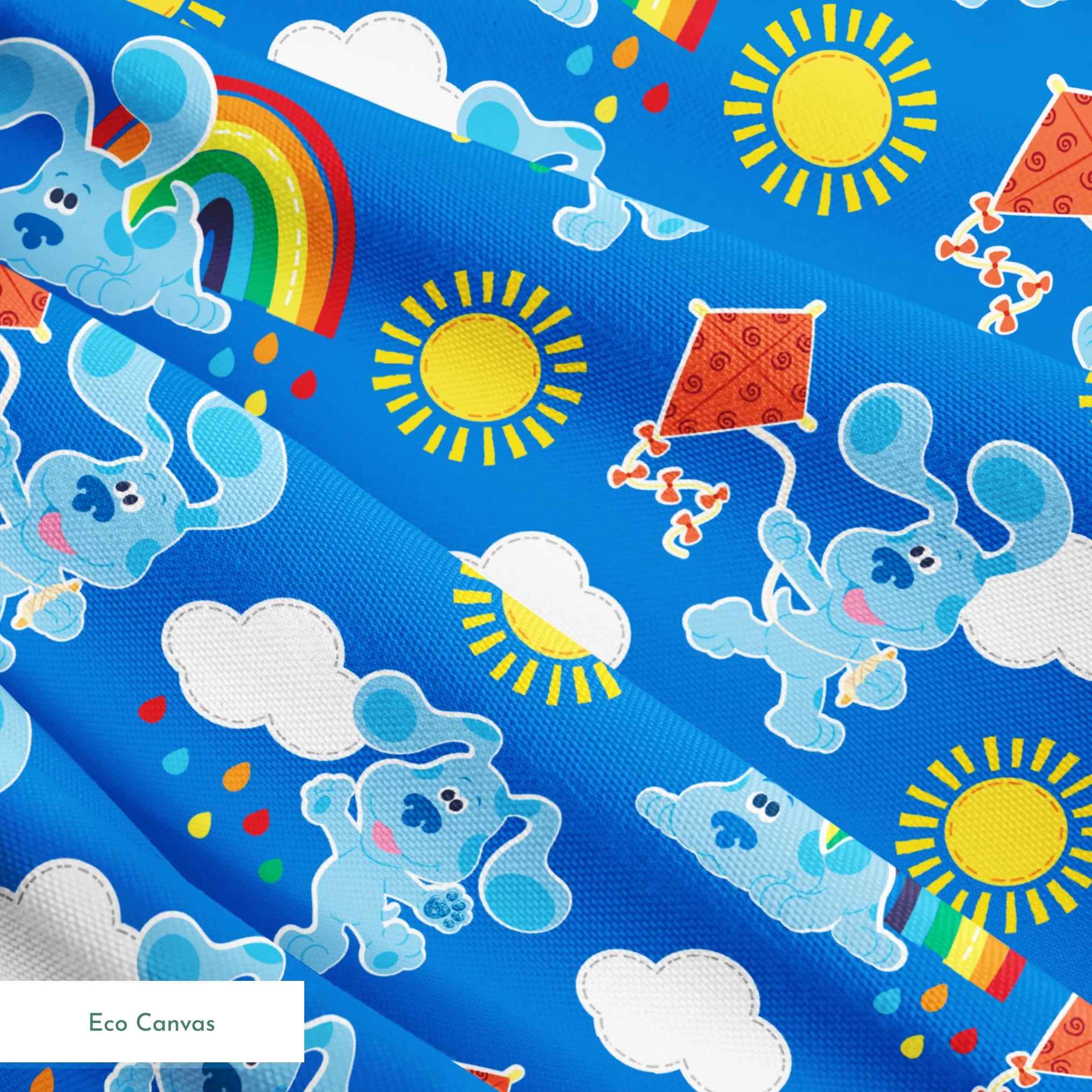 Blue's Clues pattern with cartoon blue dogs, rainbows, suns, clouds, and kites on bright blue background, license, Blues Clues, Entertainment License, Nickolodeon springs ecocanvas texture