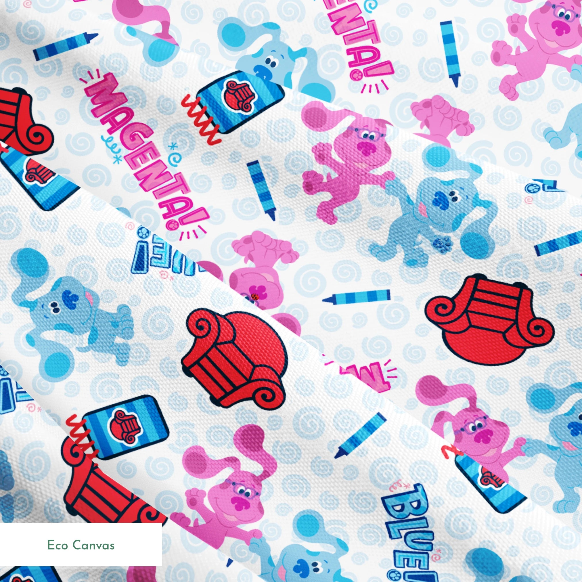 Nickelodeon, Colorful Blue's Clues pattern with blue and pink puppies, red chairs, notebooks, and crayons on a light blue background springs ecocanvas texture