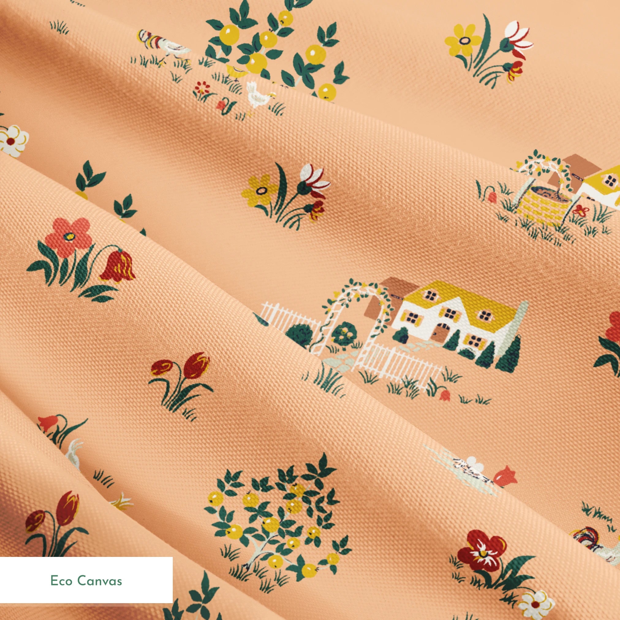 Vintage cottage scene design with houses, flowers, and animals on a peach background from the Springs Archive springs ecocanvas texture