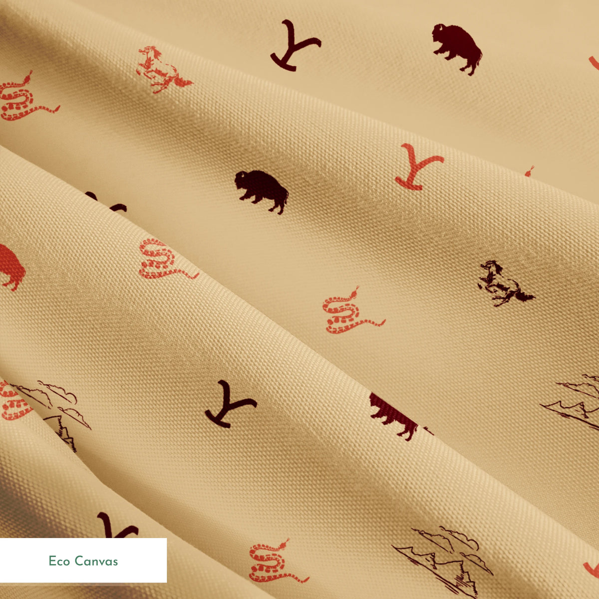 Yellowstone ranch icons with “Y” brand, bison, horses, mountains, and snakes in a Western-inspired design. springs ecocanvas texture