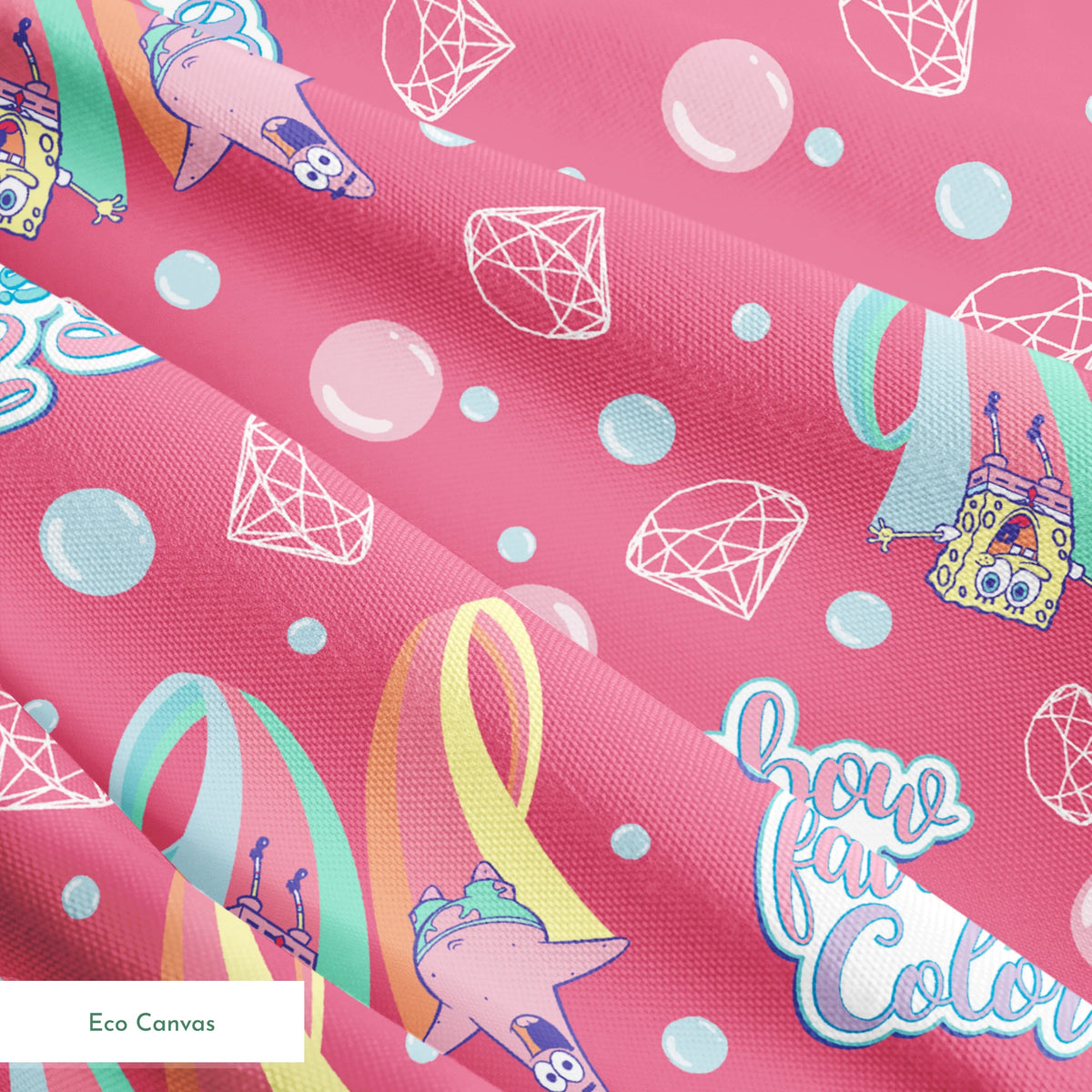 Patrick Star floats among pastel rainbows, bubbles, and gems on a pink background with the phrase “Rainbow is my favorite color” in a SpongeBob design springs ecocanvas texture