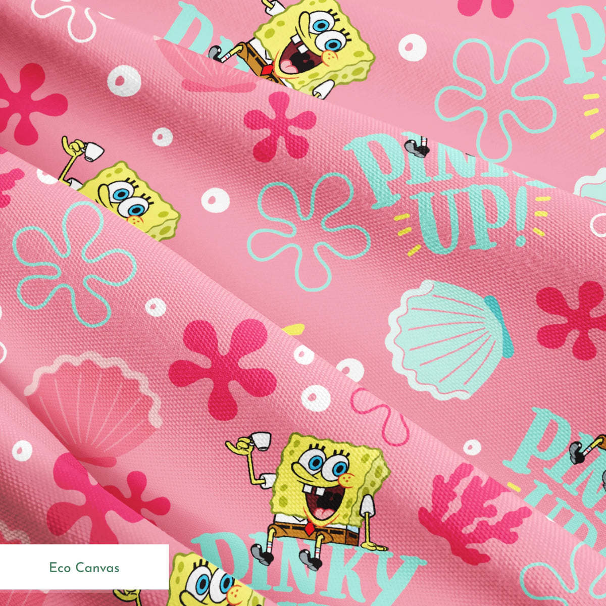 SpongeBob holding a teacup with “Pinky Up!” text, surrounded by sea shells, coral, and flower shapes on a pink background. springs ecocanvas texture