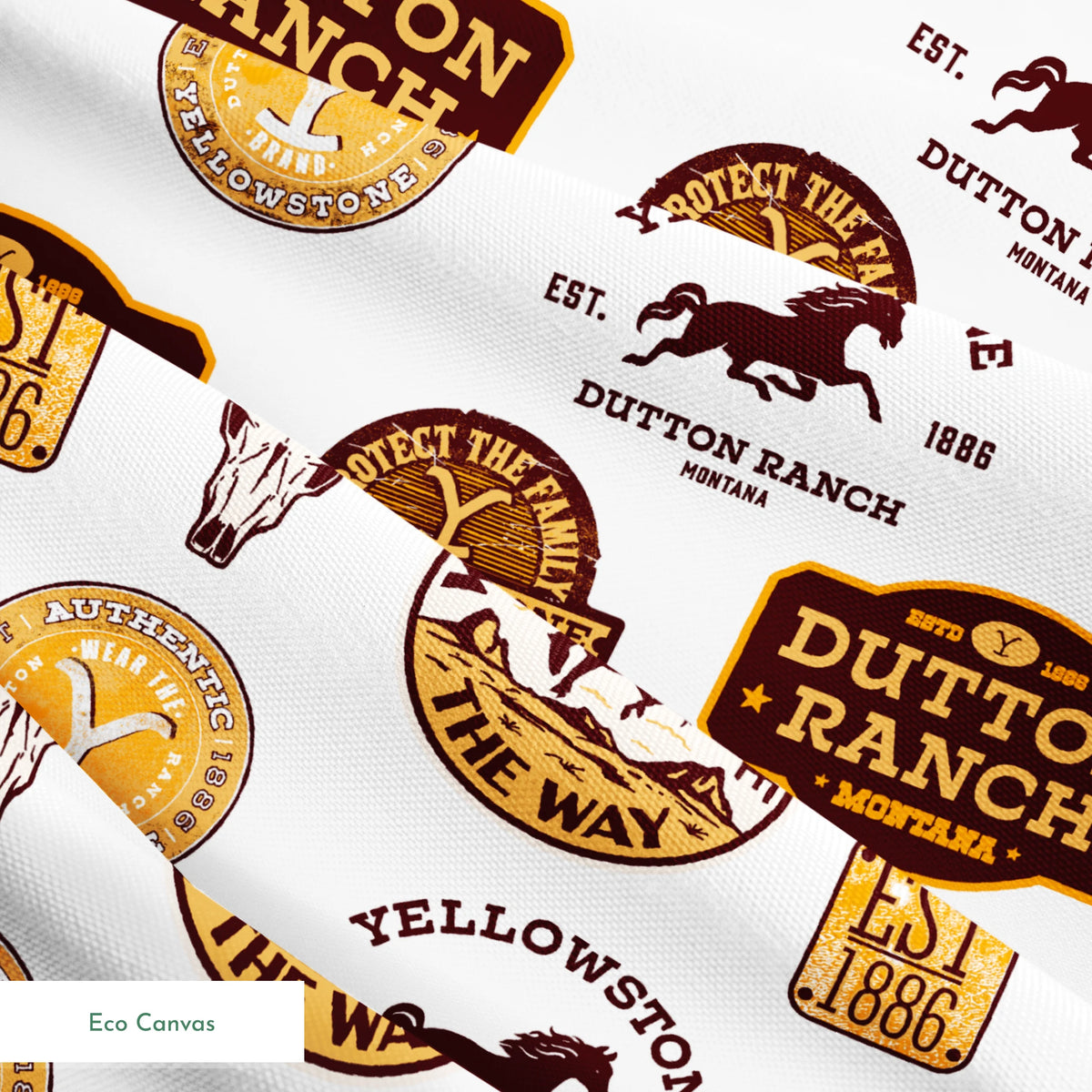 Western patch-style design featuring Dutton Ranch and Yellowstone badges in rustic tones. Great for quilting, crafts, and cowboy-inspired decor. springs ecocanvas texture