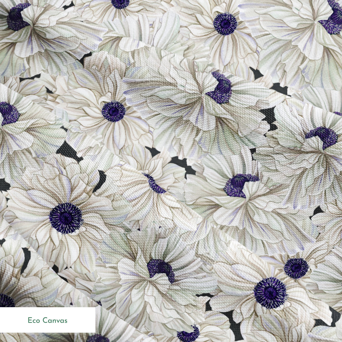 Ivory and indigo packed floral pattern with detailed petal textures and clustered blooms. springs ecocanvas texture