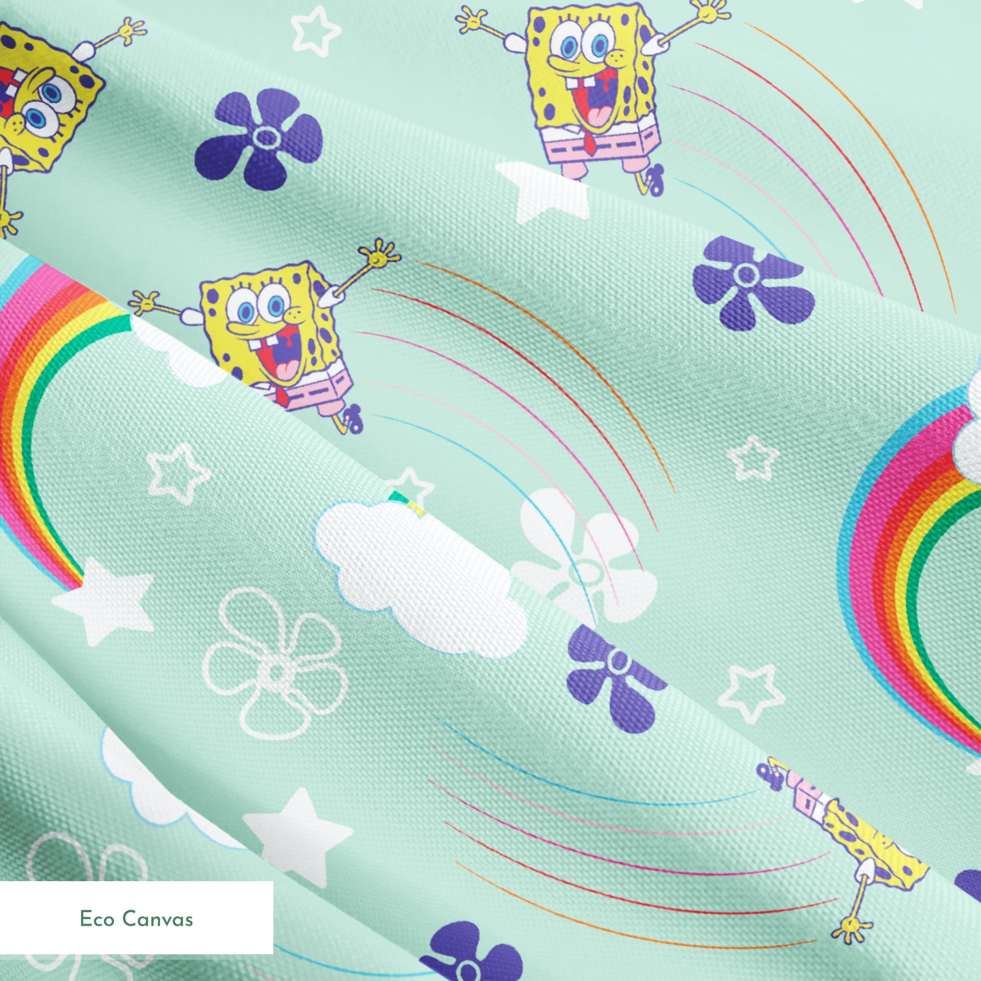 SpongeBob flying over rainbows with clouds, stars, and floral icons on a mint green background in a cheerful cartoon-style Nickelodeon design springs ecocanvas texture