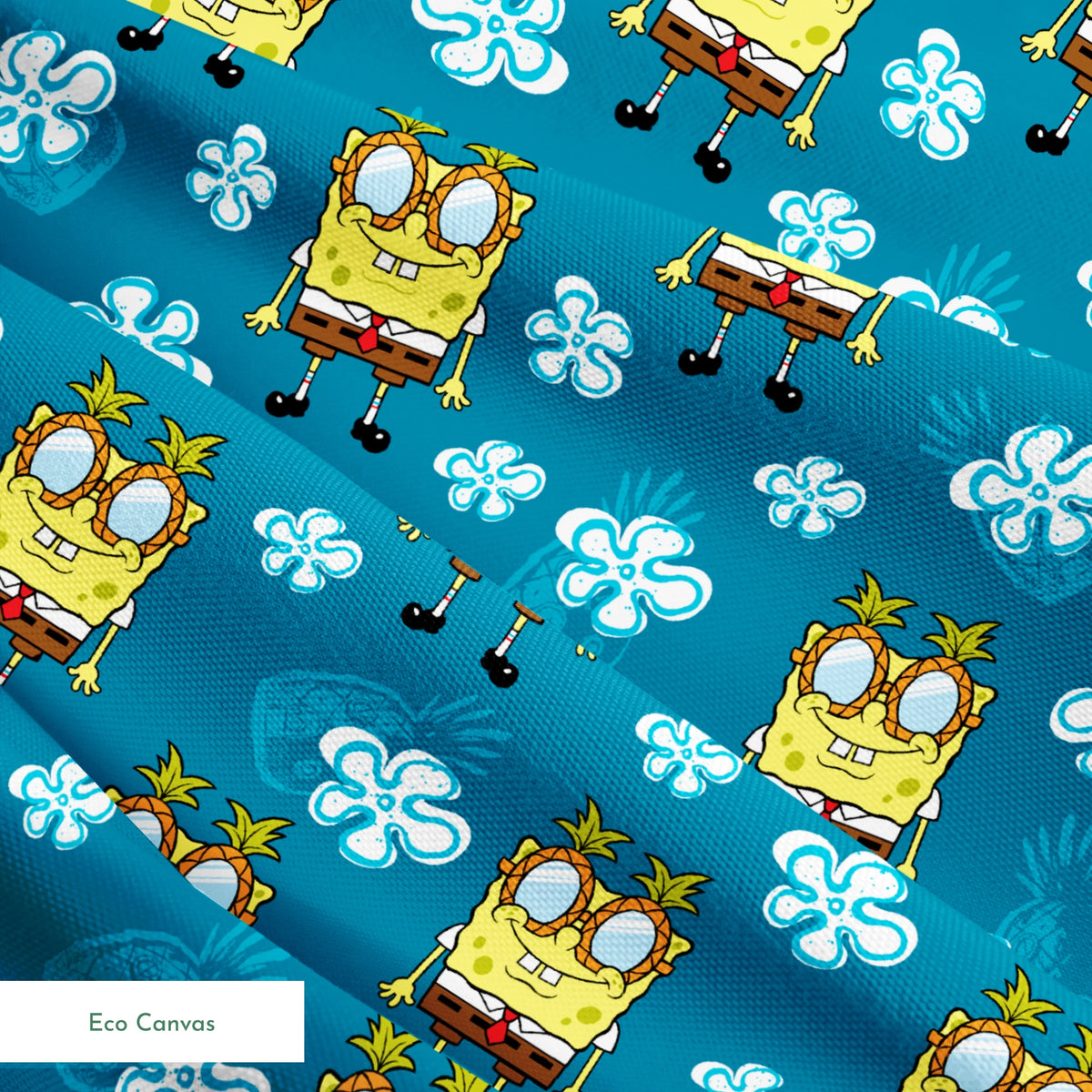 Yellow cartoon character with glasses on teal background with white flower pattern, repeating design springs ecocanvas texture