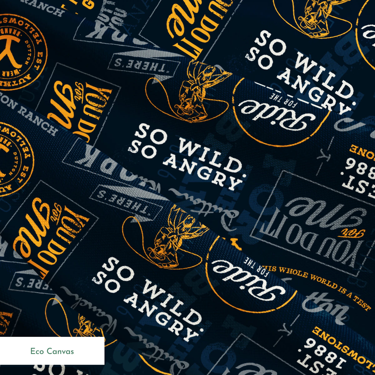 Yellowstone patch design with distressed western typography and quotes in gold and ivory on a black background. springs ecocanvas texture