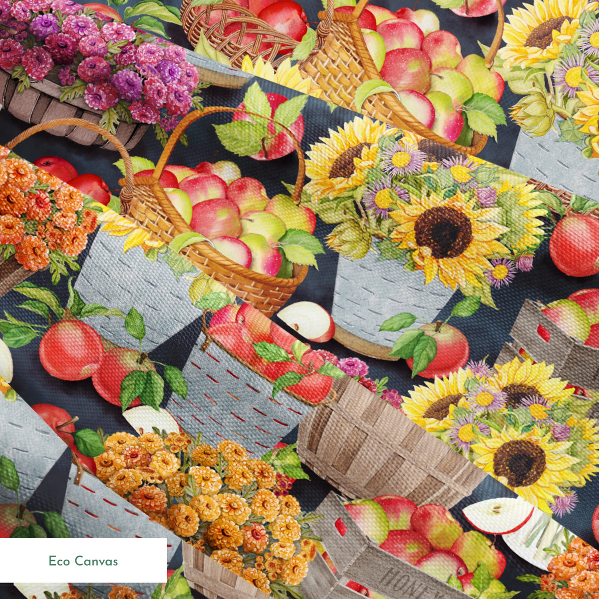 Baskets filled with sunflowers, mums, and apples in a colorful autumn harvest design by Nicole Tamarin. springs ecocanvas texture