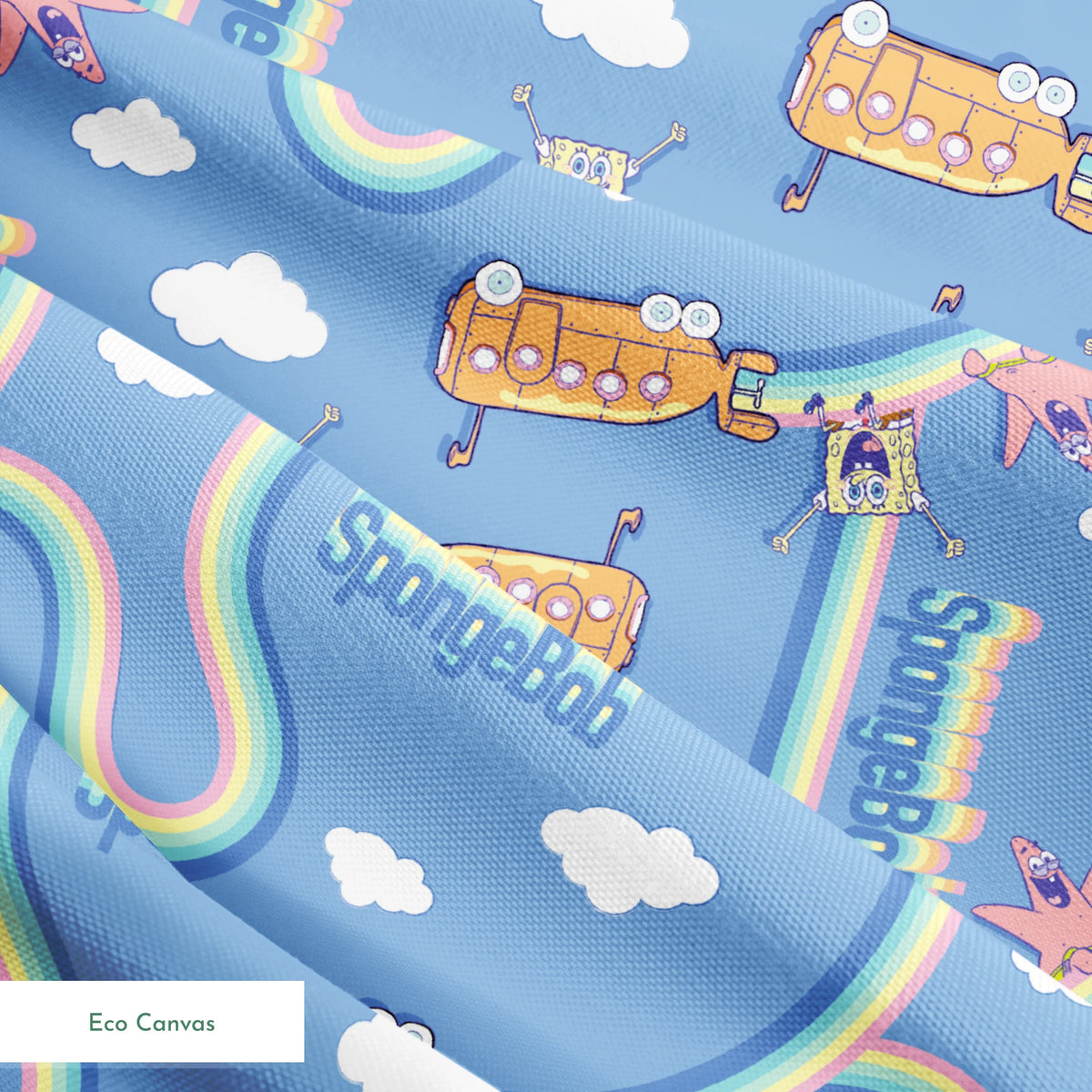 SpongeBob pattern with cartoon characters, buses, rainbows and clouds on light blue background springs ecocanvas texture