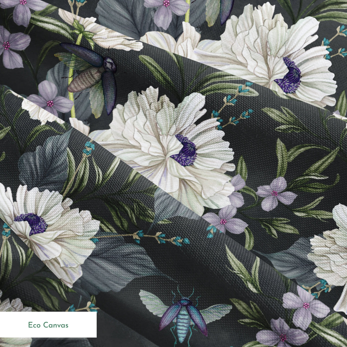 Ivory flowers with purple centers, beetles, and greenery illustrated on a dark charcoal background in a floral pattern by Nicole Tamarin. springs ecocanvas texture