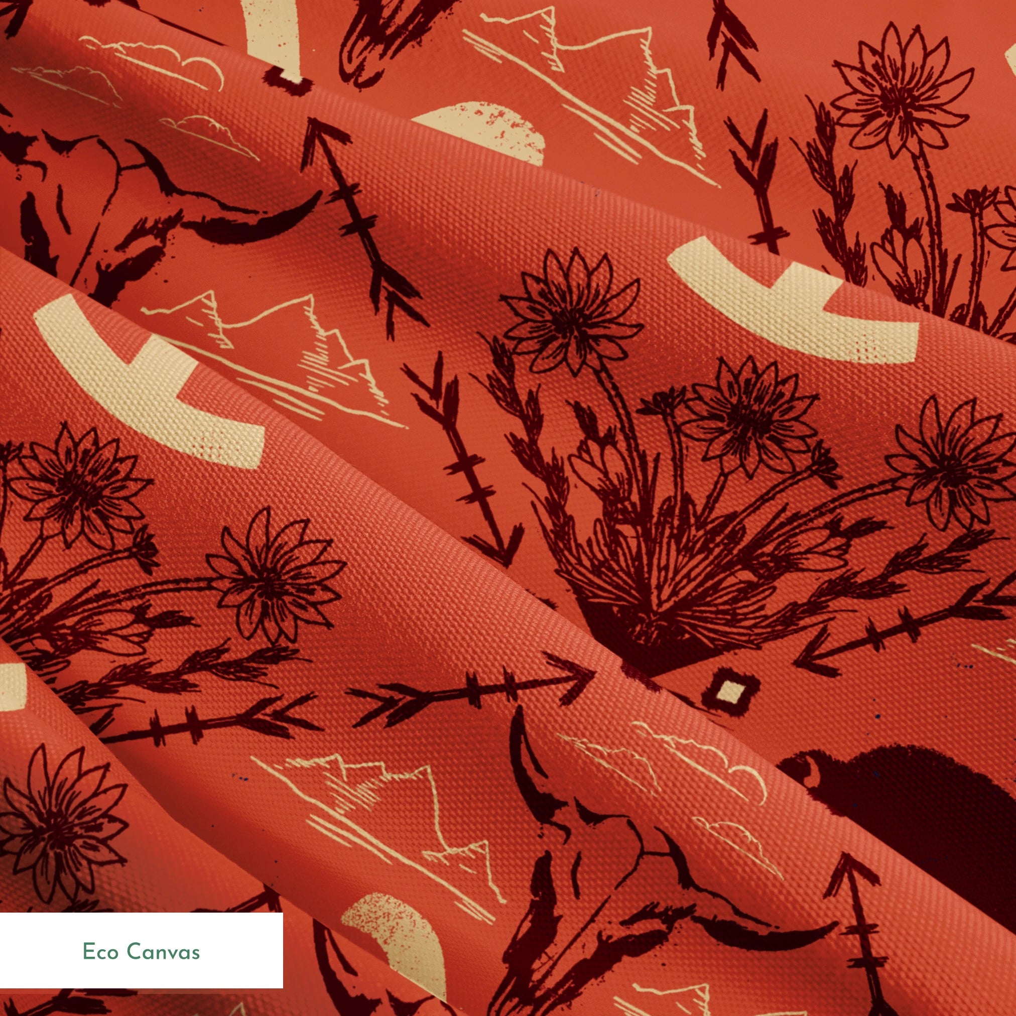Terracotta and burgundy Yellowstone design with buffalo, skulls, wildflowers, and Western motifs. springs ecocanvas texture
